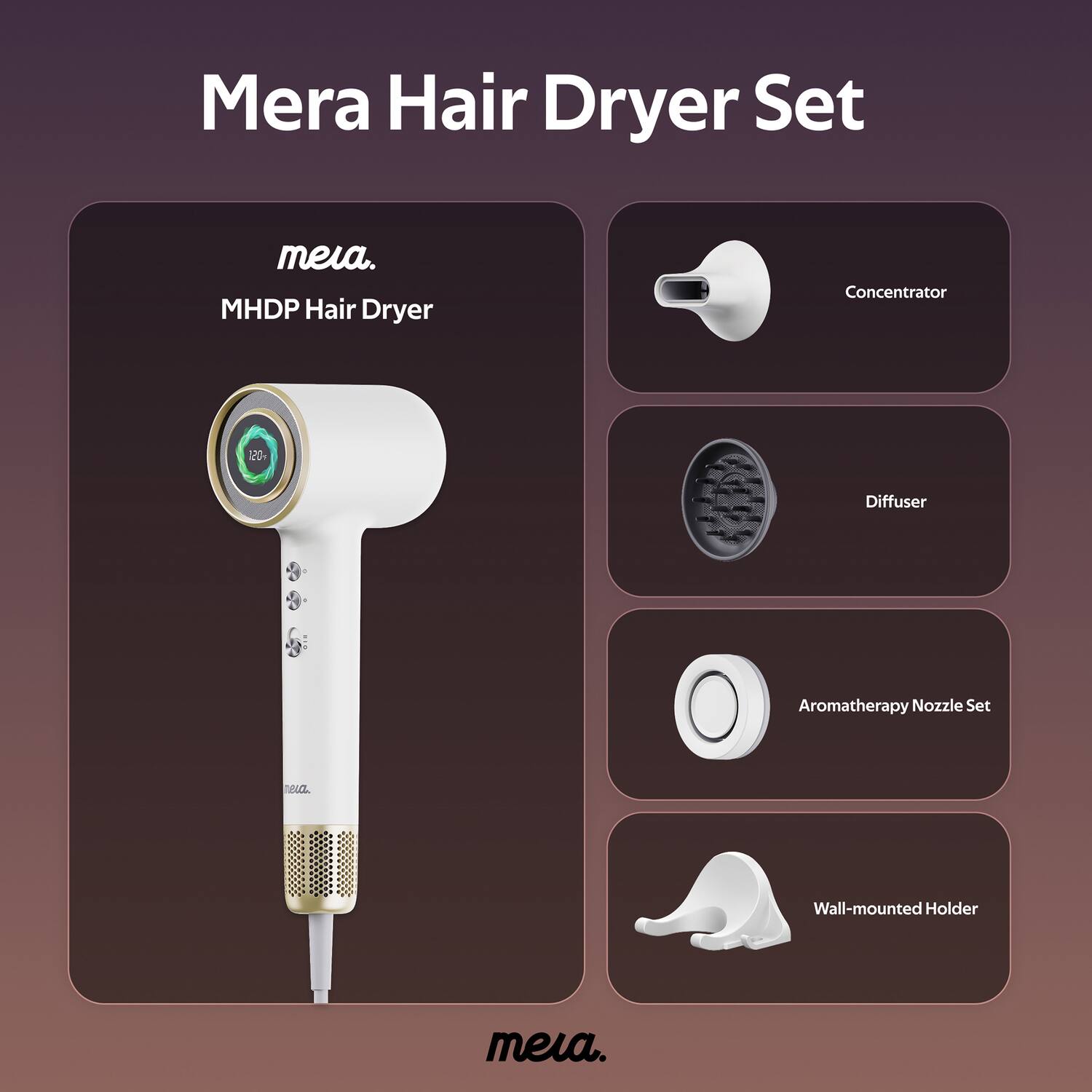 Mera Hair Dryer Set meia.  
MHDP Hair Dryer  
Concentrator  
Diffuser  
Aromatherapy Nozzle Set  
Wall-mounted Holder