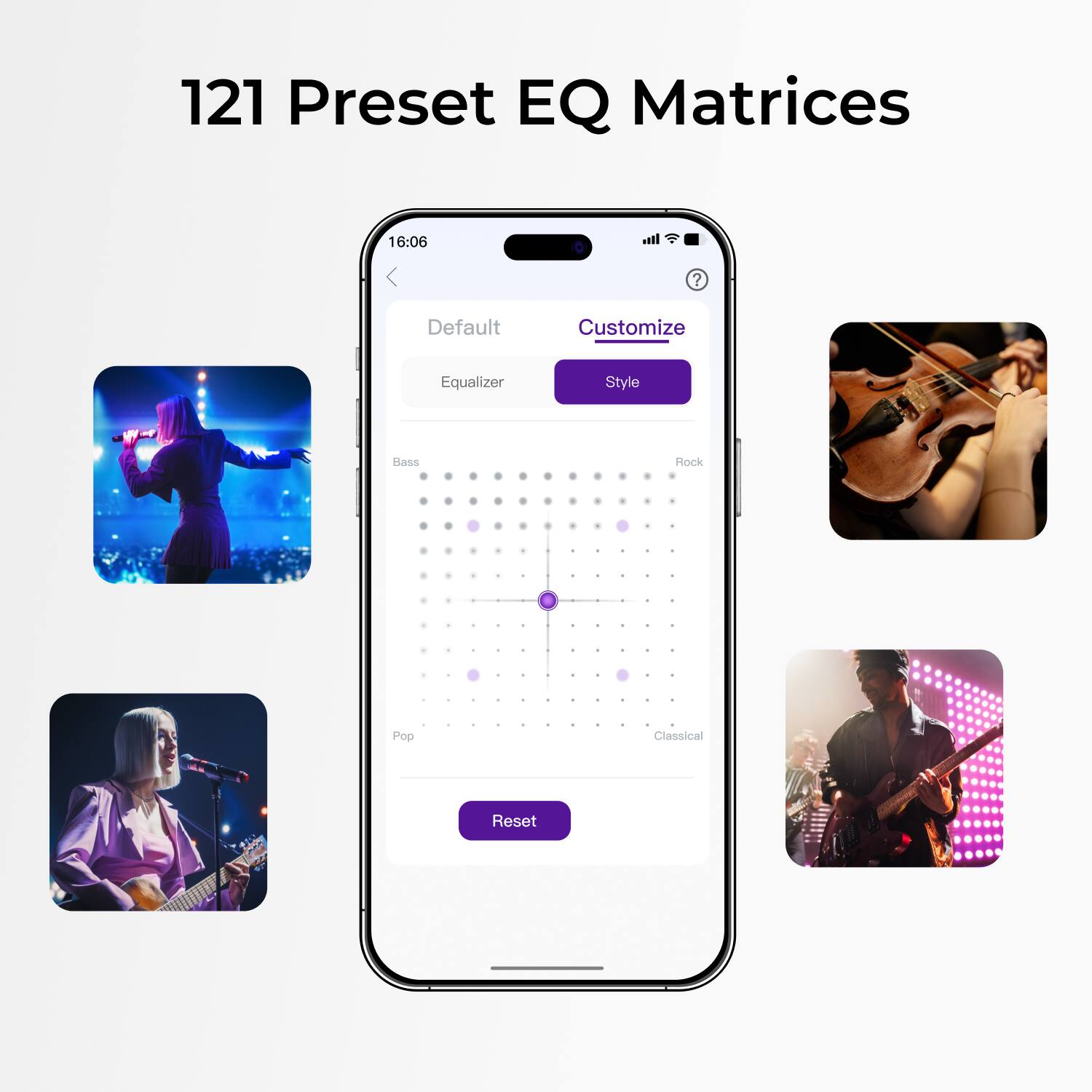 121 Preset EQ Matrices

16:06

Default Customize Equalizer Style

Bass

Rock

Pop

Classical

Reset