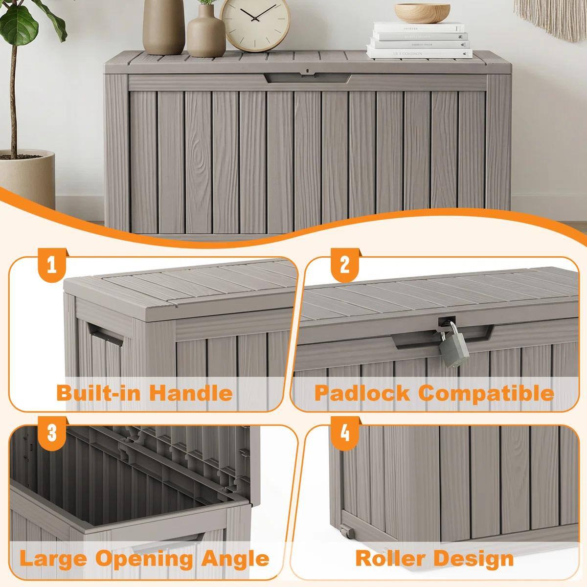 1. Built-in Handle  
2. Padlock Compatible  
3. Large Opening Angle  
4. Roller Design
