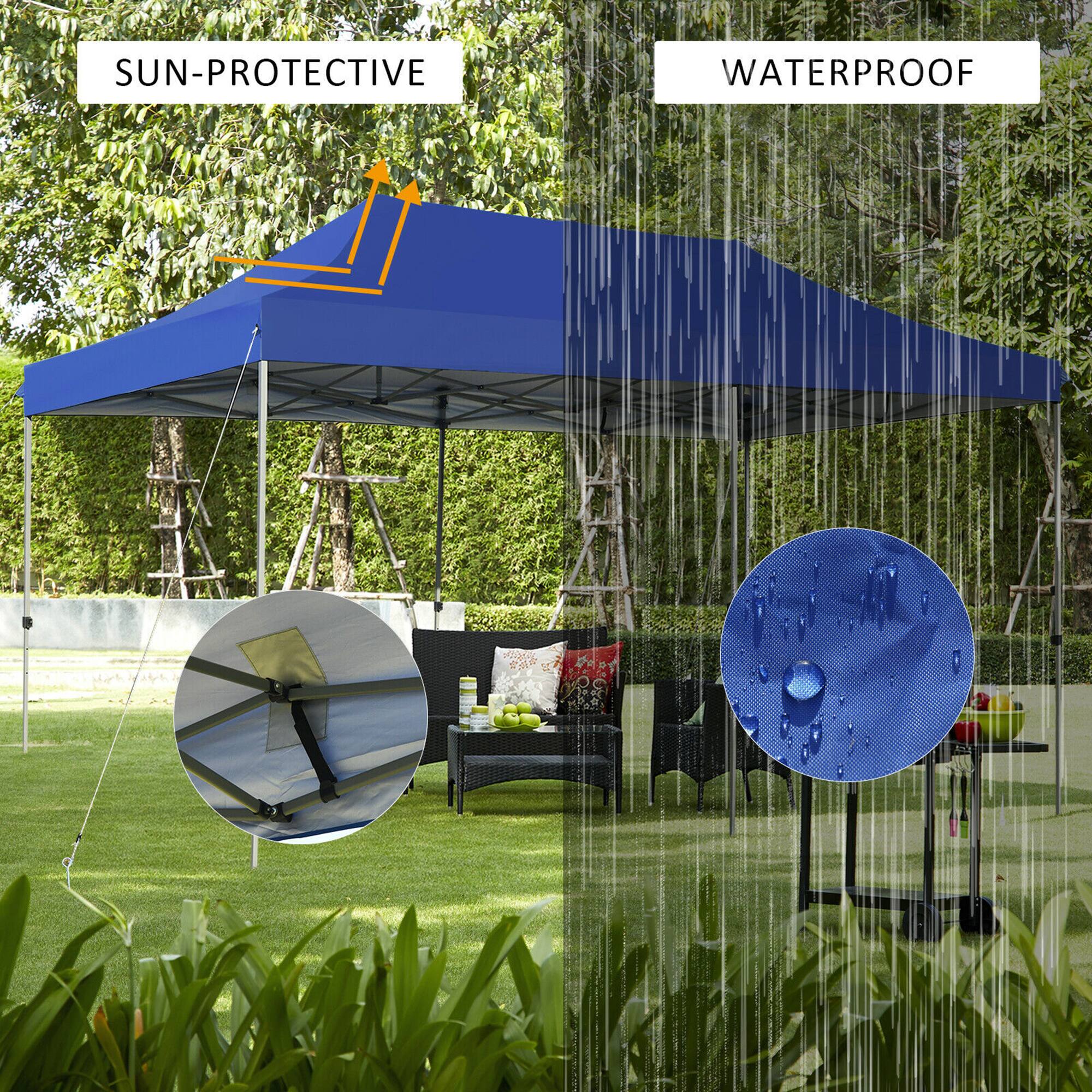 The text on the image should be grouped and corrected as follows:

- SUN-PROTECTIVE
- WATERPROOF

The text "SUN-PROTECTIVE" is displayed above the canopy, and "WATERPROOF" is displayed above the umbrella.