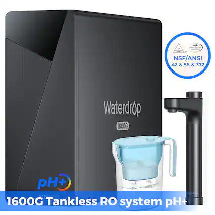 - C WATER LIABILITY
- NSF/ANSI 42 & 58 & 372
- Waterdrop 1600G
- pH+ Waterdrop
- 1600G Tankless RO system pH+