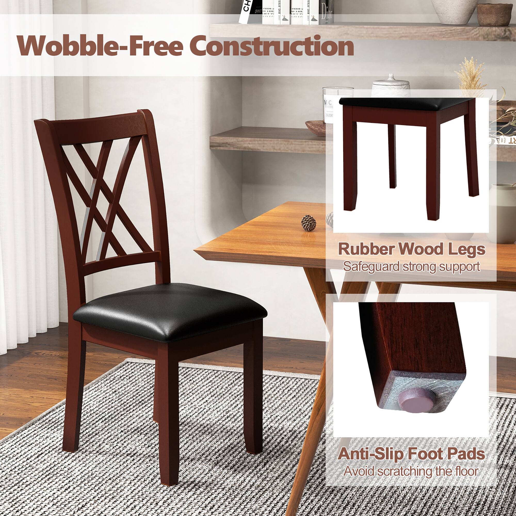 The text on the image can be grouped and corrected as follows:

- **Wobble-Free Construction**
- **Rubber Wood Legs**: Safeguard strong support
- **Anti-Slip Foot Pads**: Avoid scratching the floor