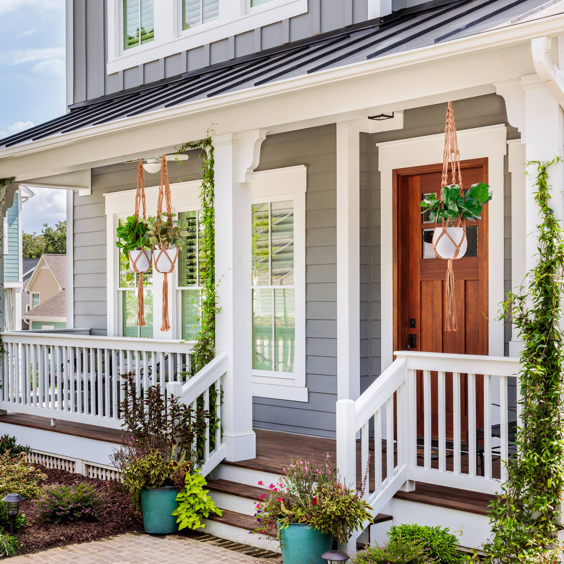 Alt View 4. Sorbus - Sorbus Macrame Plant Hanger (6 Pack) Indoor Outdoor Hanging Plant Pots Cotton Rope for Home, Patio, Garden - Brown.