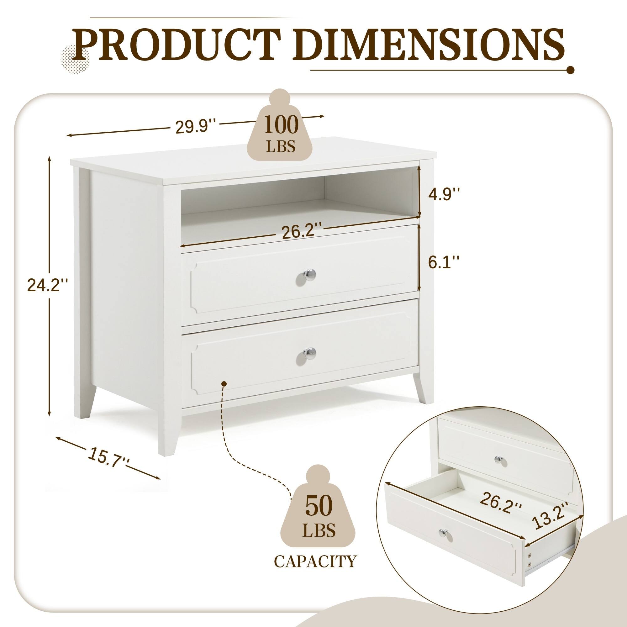 Left. U-HOMY - Modern 2-Drawer Nightstand with Open Shelf, Wide Bedside Table with Solid Wood Legs for Bedroom Storage - White.