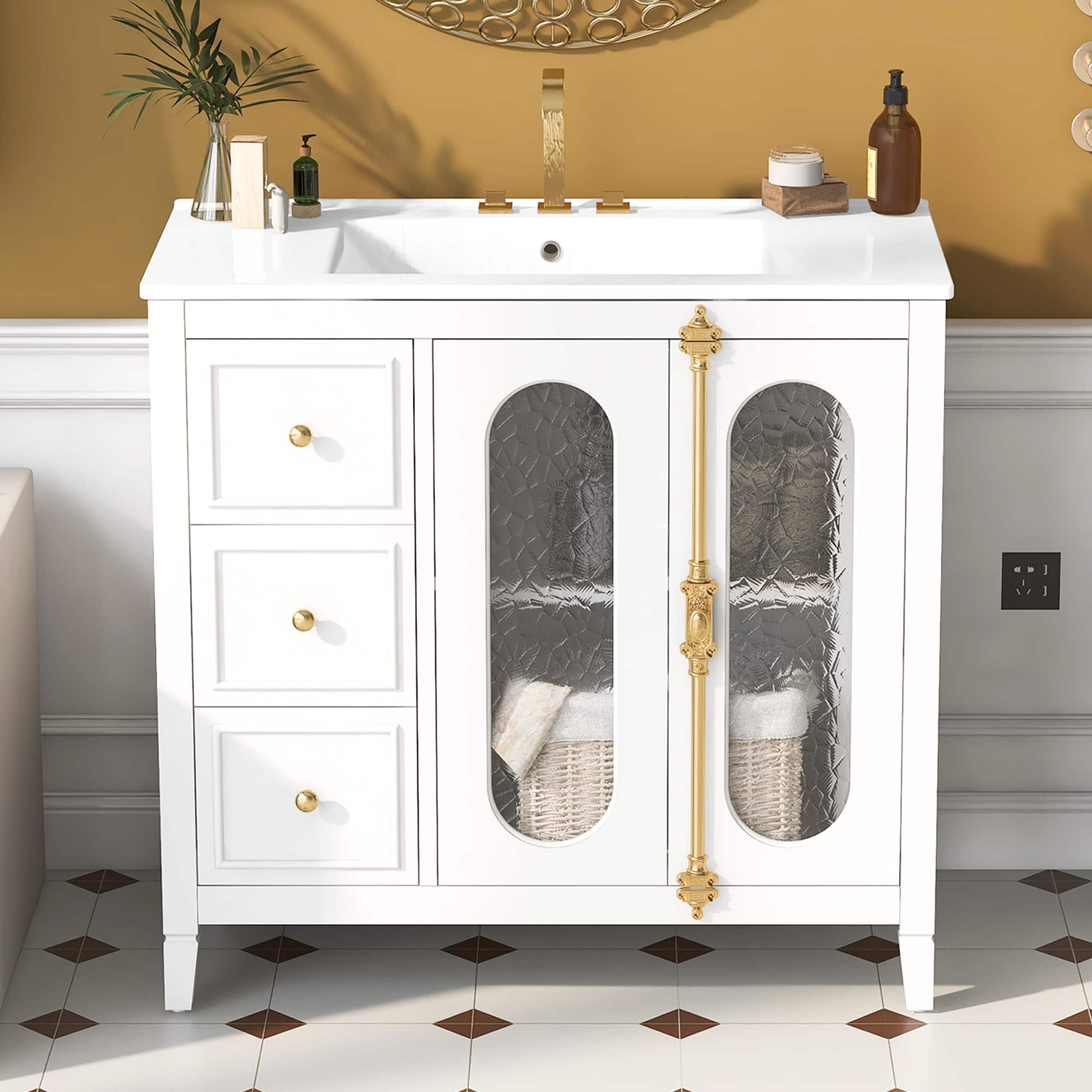 Tiramisubest - 36-inch Bathroom Vanity with 2 Soft Close Doors, Solid Wood Frame Modern Bathroom Storage Cabinet with 3 Drawers - White