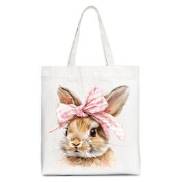 OrnamentallyYou - Easter Bunny Coquette Pink Bow Tote Bag, Cute Watercolor Gift Shopper - White