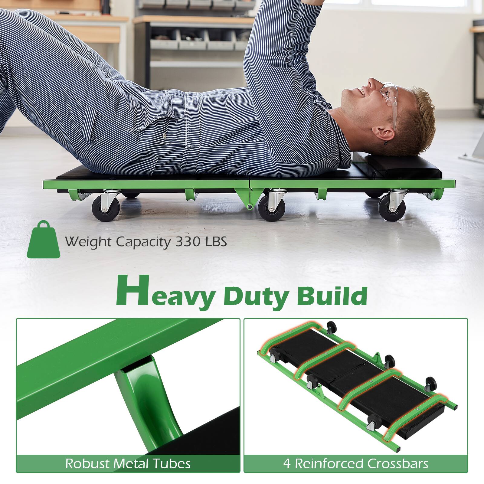 Weight Capacity 330 LBS  
Heavy Duty Build  
Robust Metal Tubes  
4 Reinforced Crossbars