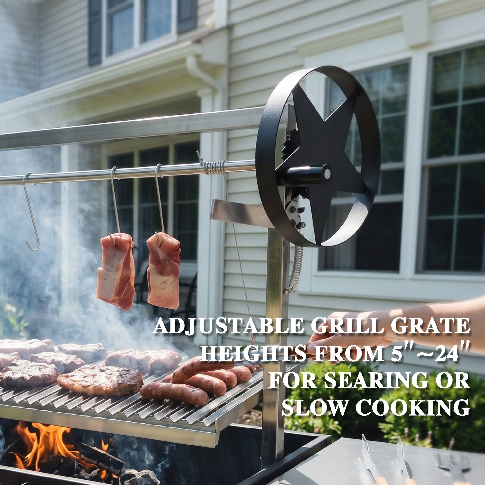 ADJUSTABLE GRILL GRATE HEIGHTS FROM 5" ~24" FOR SEARING OR SLOW COOKING