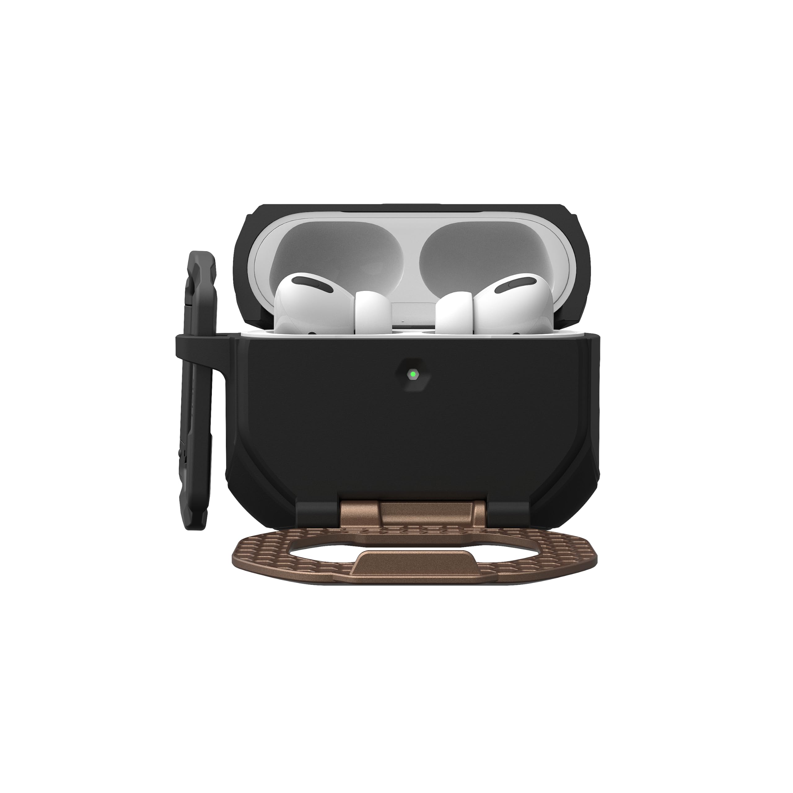 Alt View 3. UAG - AirPods Pro 3rd Gen Case w/ Built-in Phone Stand & Detachable Carabiner Clip, Rugged Protective Cover, Monarch - Black/Aged Bronze.