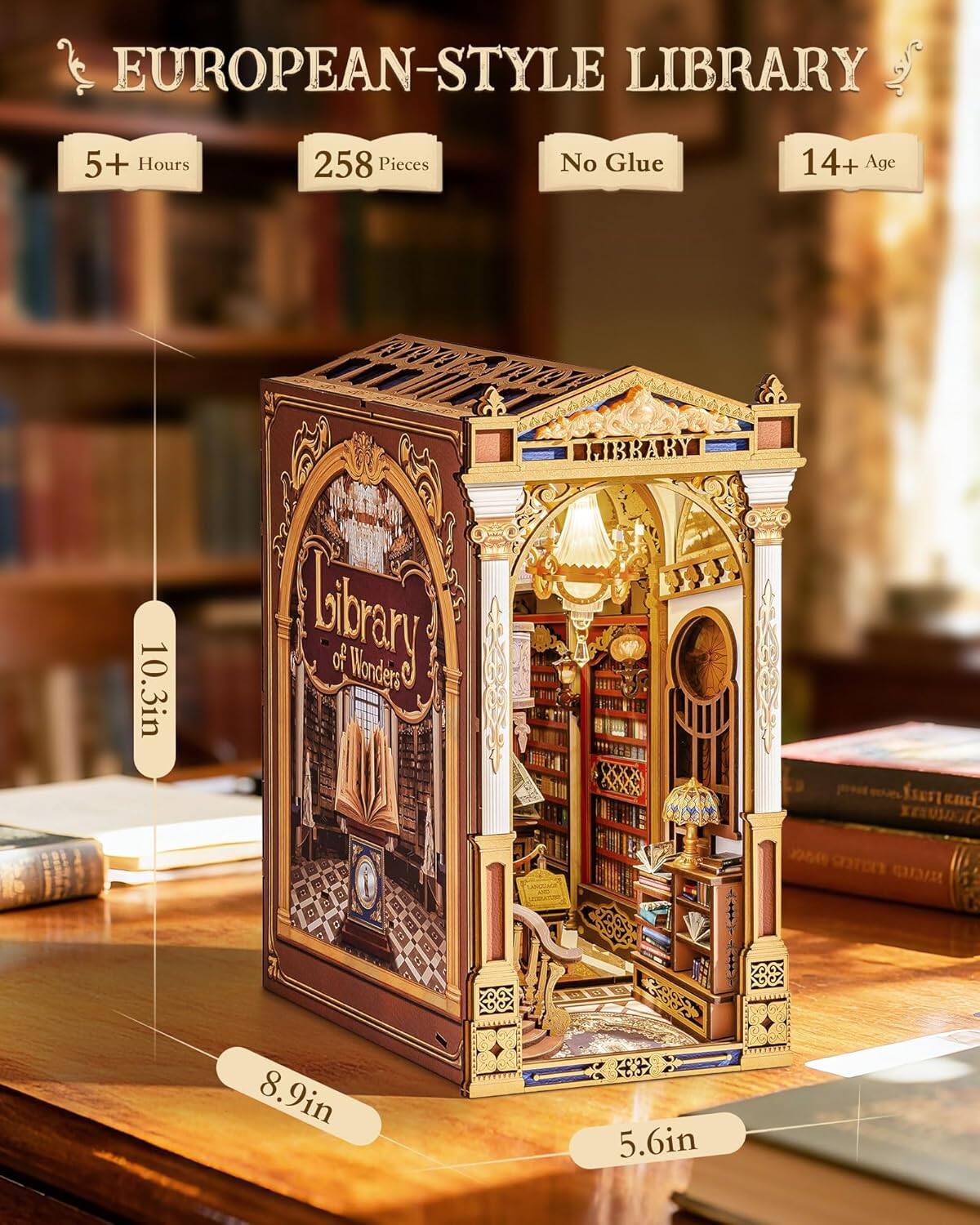 EUROPEAN-STYLE LIBRARY  
5+ Hours  
258 Pieces  
No Glue  
14+ Age  

Library of Wonders  
10.3in x 8.9in x 5.6in