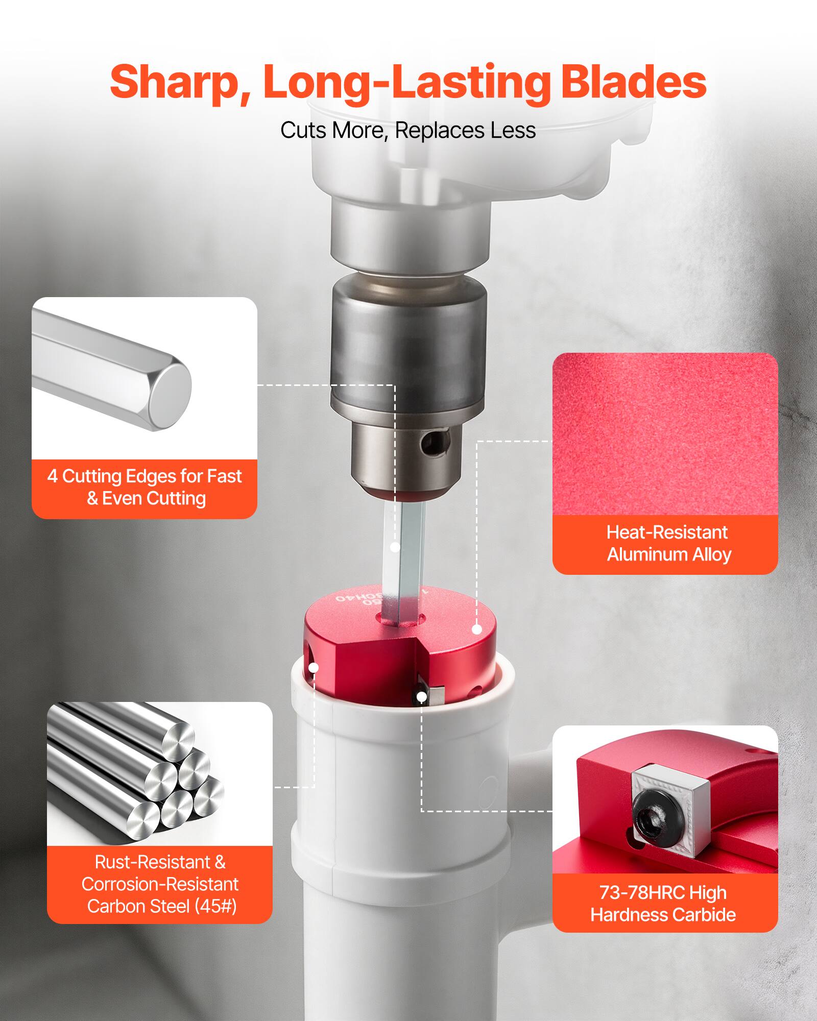 Sharp, Long-Lasting Blades  
Cuts More, Replaces Less  

4 Cutting Edges for Fast & Even Cutting  
Heat-Resistant Aluminum Alloy  
Rust-Resistant & Corrosion-Resistant Carbon Steel (45#)  
73-78HRC High Hardness Carbide