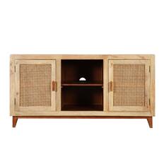 Front. Manhattan Lane - Aru 58 Inch Sideboard Buffet Cabinet, 2 Cane Doors n Open Shelves, 2 Tone Antique Brown Mango Wood - Antique Brown.