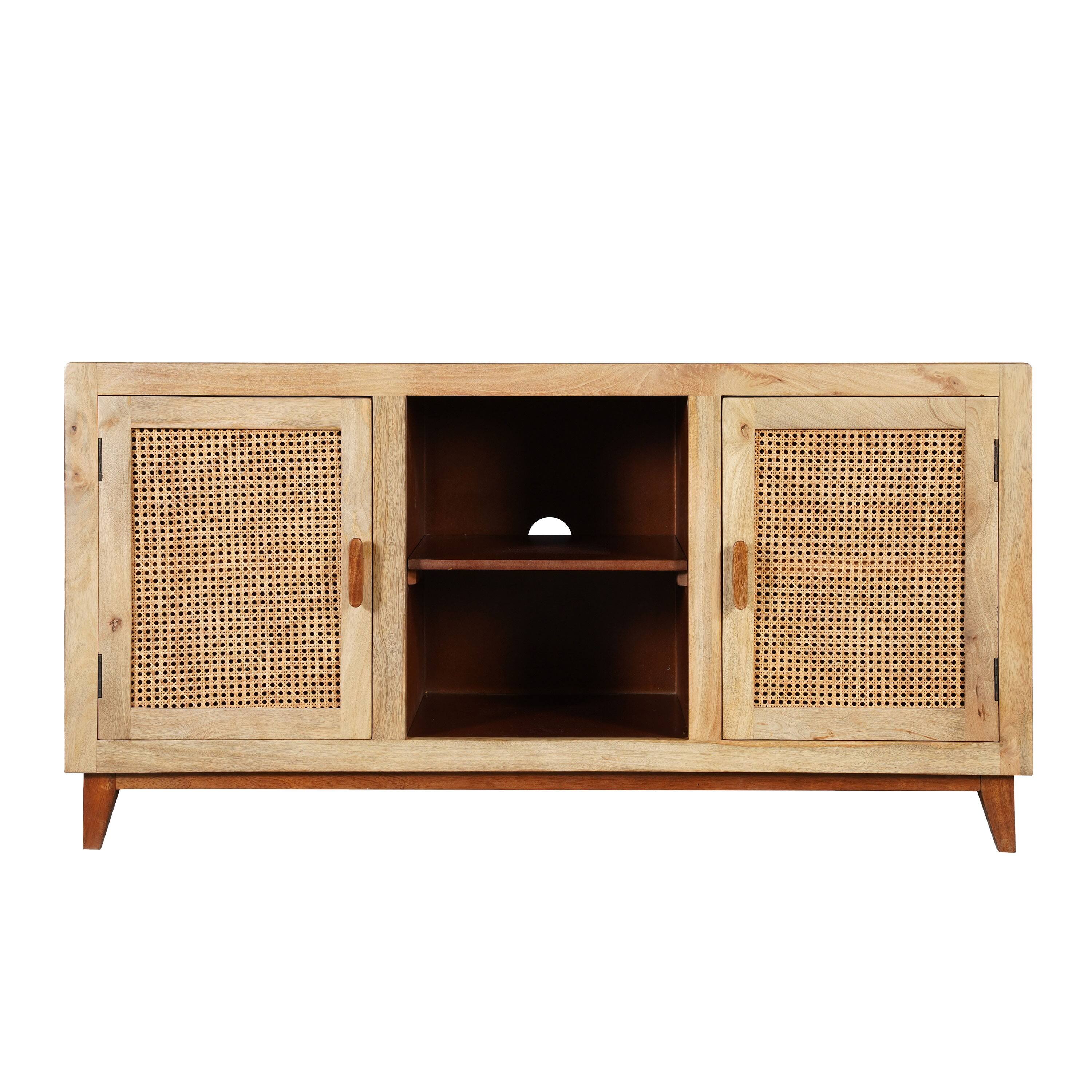 Manhattan Lane - Aru 58 Inch Sideboard Buffet Cabinet, 2 Cane Doors n Open Shelves, 2 Tone Mango Wood - Antique Brown