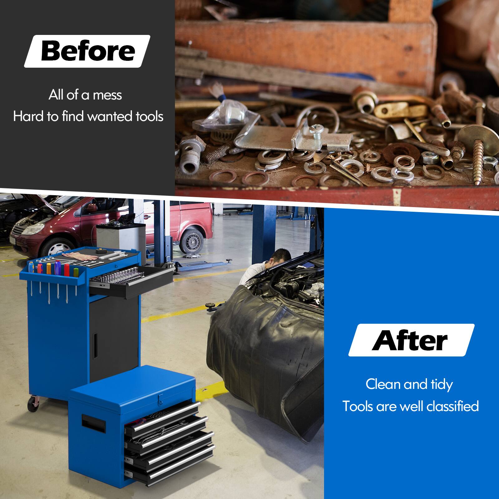 Before: All of a mess Hard to find wanted tools
After: Clean and tidy Tools are well classified