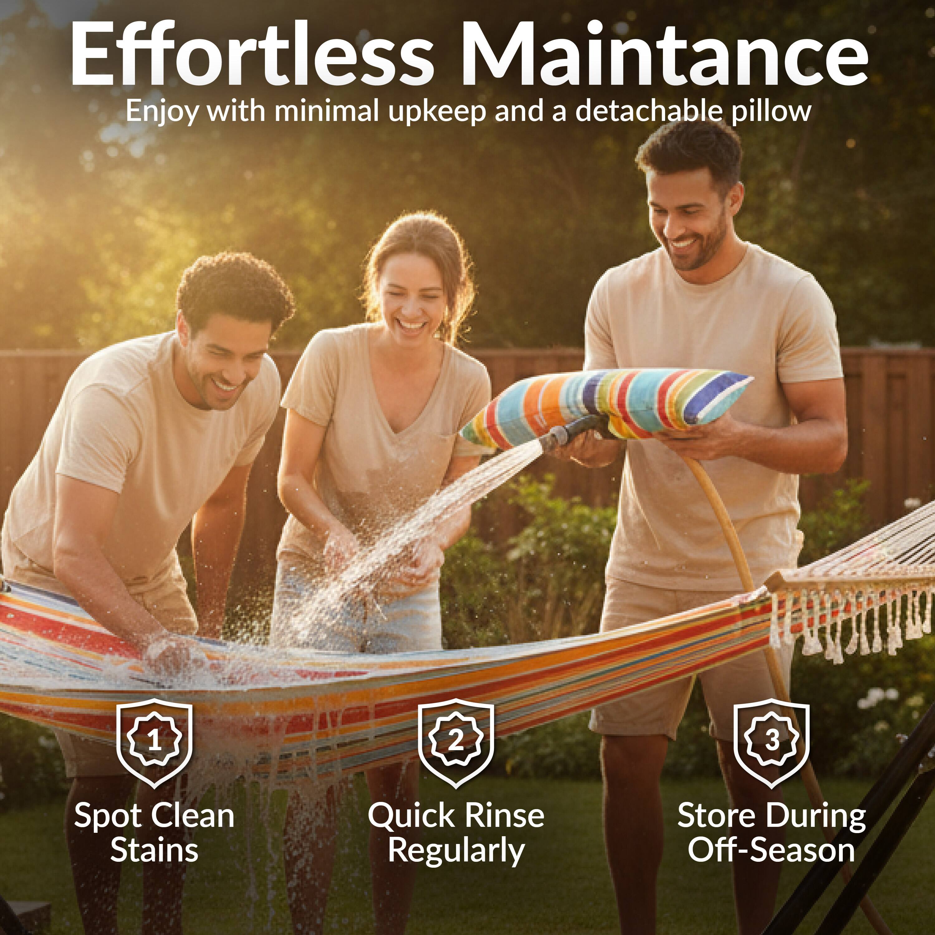 Effortless Maintenance  
Enjoy with minimal upkeep and a detachable pillow

1. Spot Clean Stains  
2. Quick Rinse Regularly  
3. Store During Off-Season