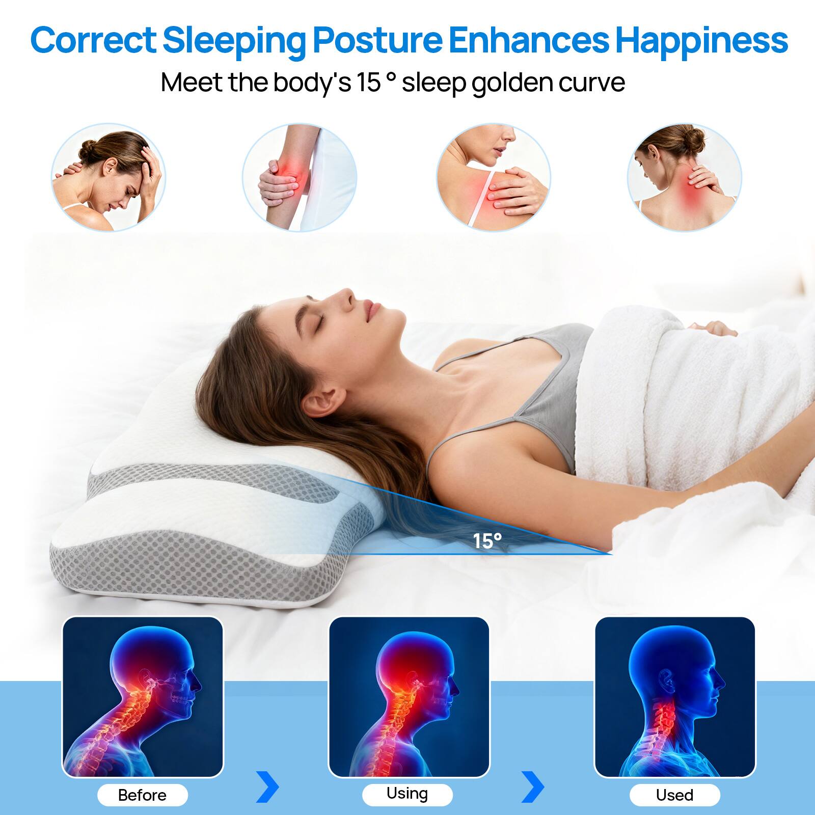 Correct Sleeping Posture Enhances Happiness  
Meet the body's 15° sleep golden curve  

Before  
Using  
Used