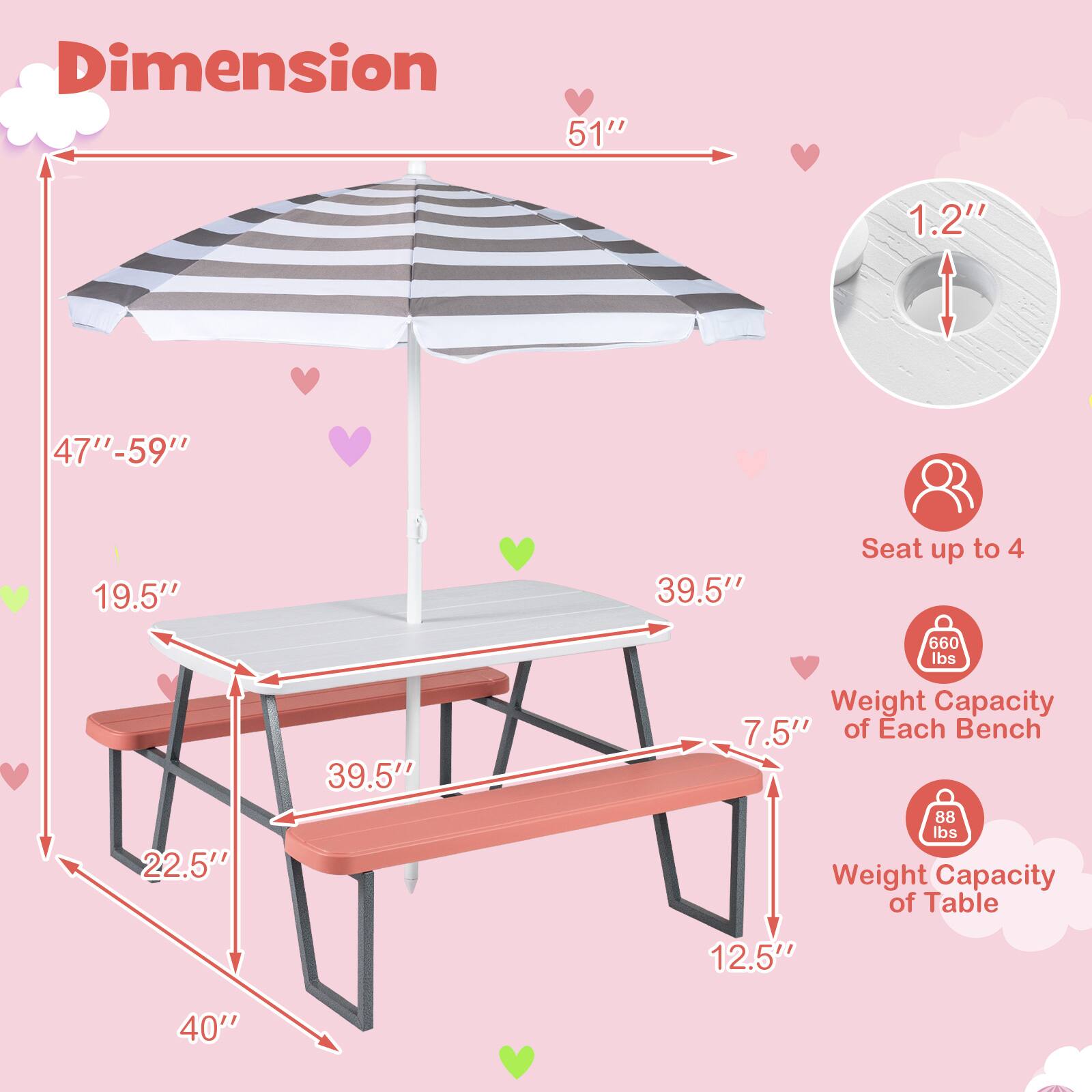 Dimension  
51" x 1.2" x 47"-59" x 19.5" x 39.5"  
Seat up to 4  
660 lbs Weight Capacity of Each Bench  
88 lbs Weight Capacity of Table  
7.5" x 12.5" x 40"