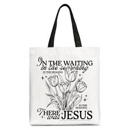 OrnamentallyYou - In the Waiting There Was Jesus Tote Bag, Christian Faith Floral Inspirational Gift Shopper - White Black