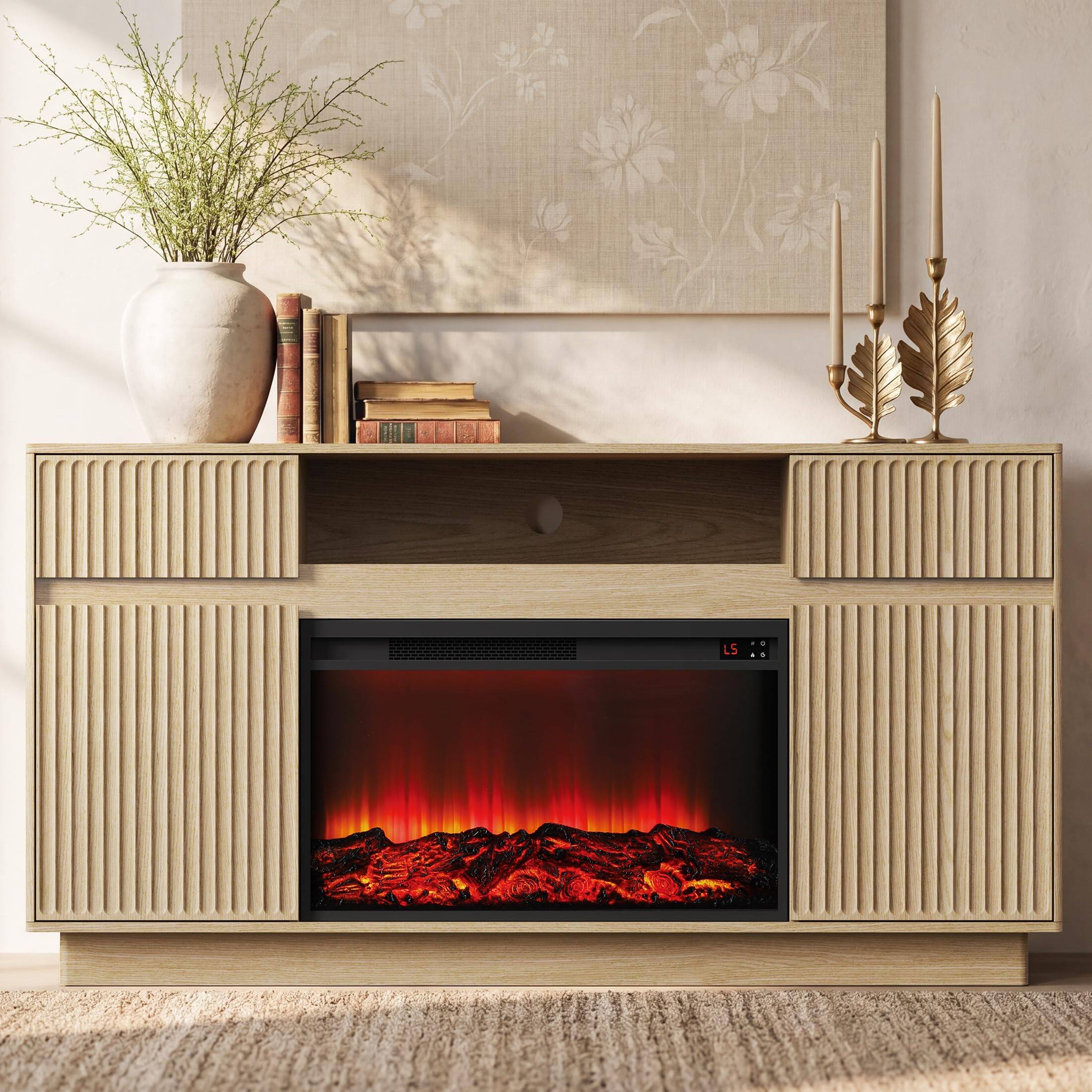 Alt View 8. paproos - Fireplace TV Stand with 30" Electric Fireplace, Modern Fireplace Entertainment Center Fits TVs up to 70" for Living Room - Natural Wood.