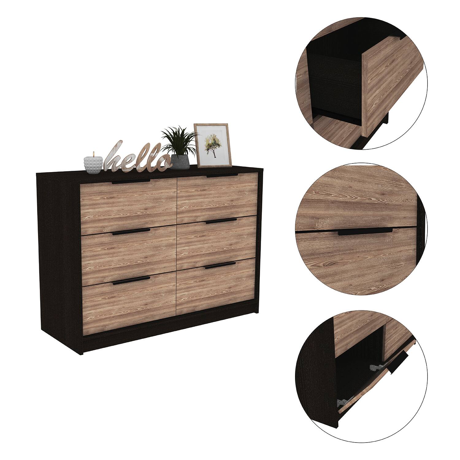 Alt View 4. TuHome - Kaia 4 Drawers Dresser, Superior Top - Black / Pine.