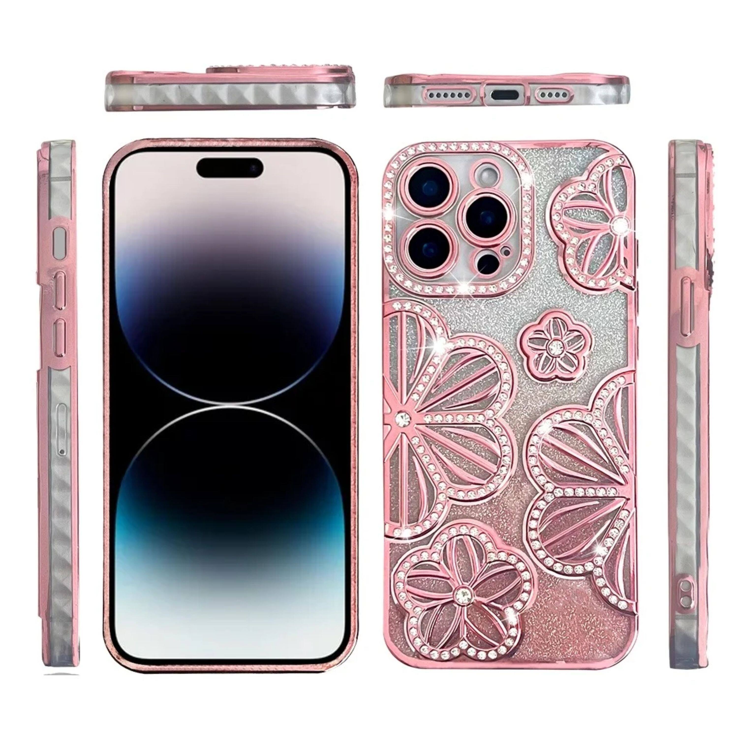 Angle. Kitcheniva - 3D Glitter Floral Rhinestone Phone Case For iPhone 14 Pro Max Rose Gold - Rose Gold.