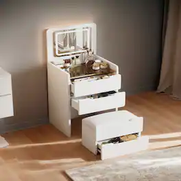 Loheer - Makeup Vanity Desk with Flip Top Mirror and Glass Desktop - White