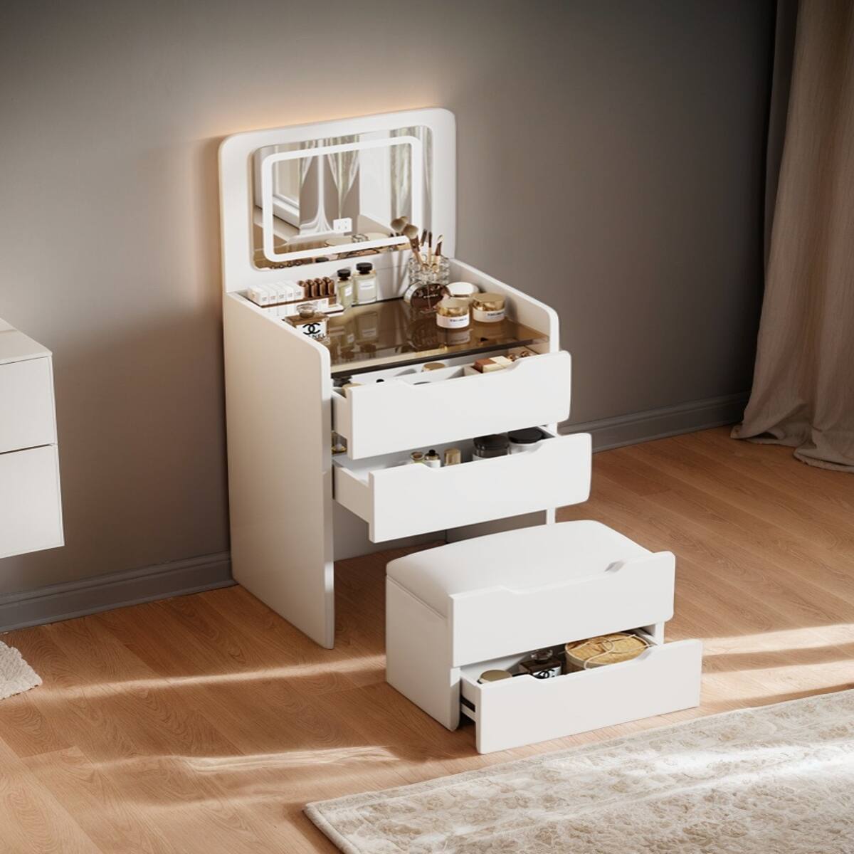 Loheer - Makeup Vanity Desk with Flip Top Mirror and Glass Desktop - White