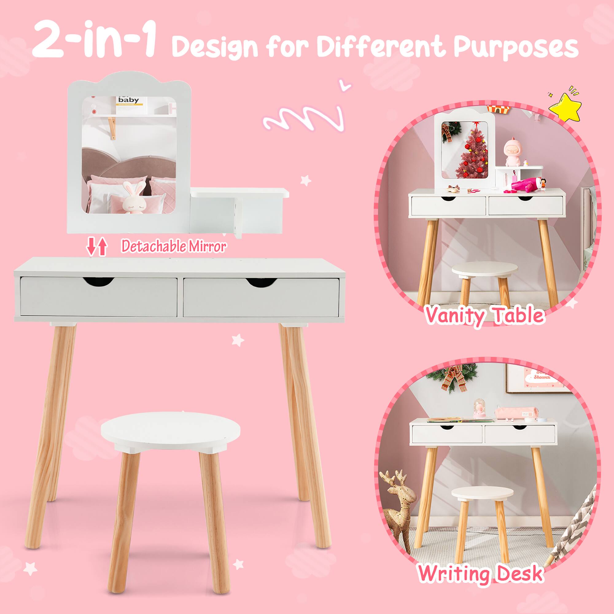 2-in-1 Design for Different Purposes. 200 bnlvy TA Detachable Mirror Vanity Table and Writing Desk.