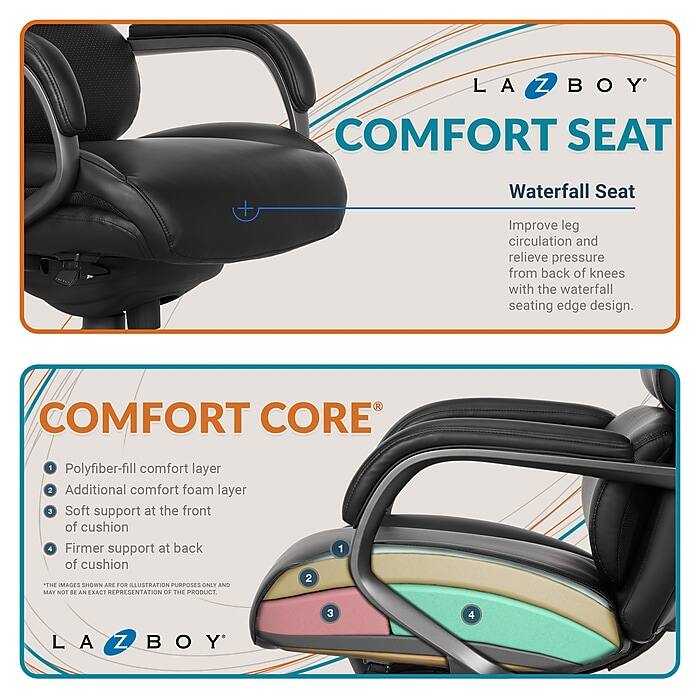 LA-Z-BOY COMFORT SEAT

Waterfall Seat
Improve leg circulation and relieve pressure from back of knees with the waterfall seating edge design.

COMFORT CORE
1. Polyfiber-fill comfort layer
2. Additional comfort foam layer
3. Soft support at the front of cushion
4. Firmer support at back of cushion

*THE IMAGES SHOWN ARE FOR ILLUSTRATION PURPOSES ONLY AND MAY NOT BE AN EXACT REPRESENTATION OF THE PRODUCT.