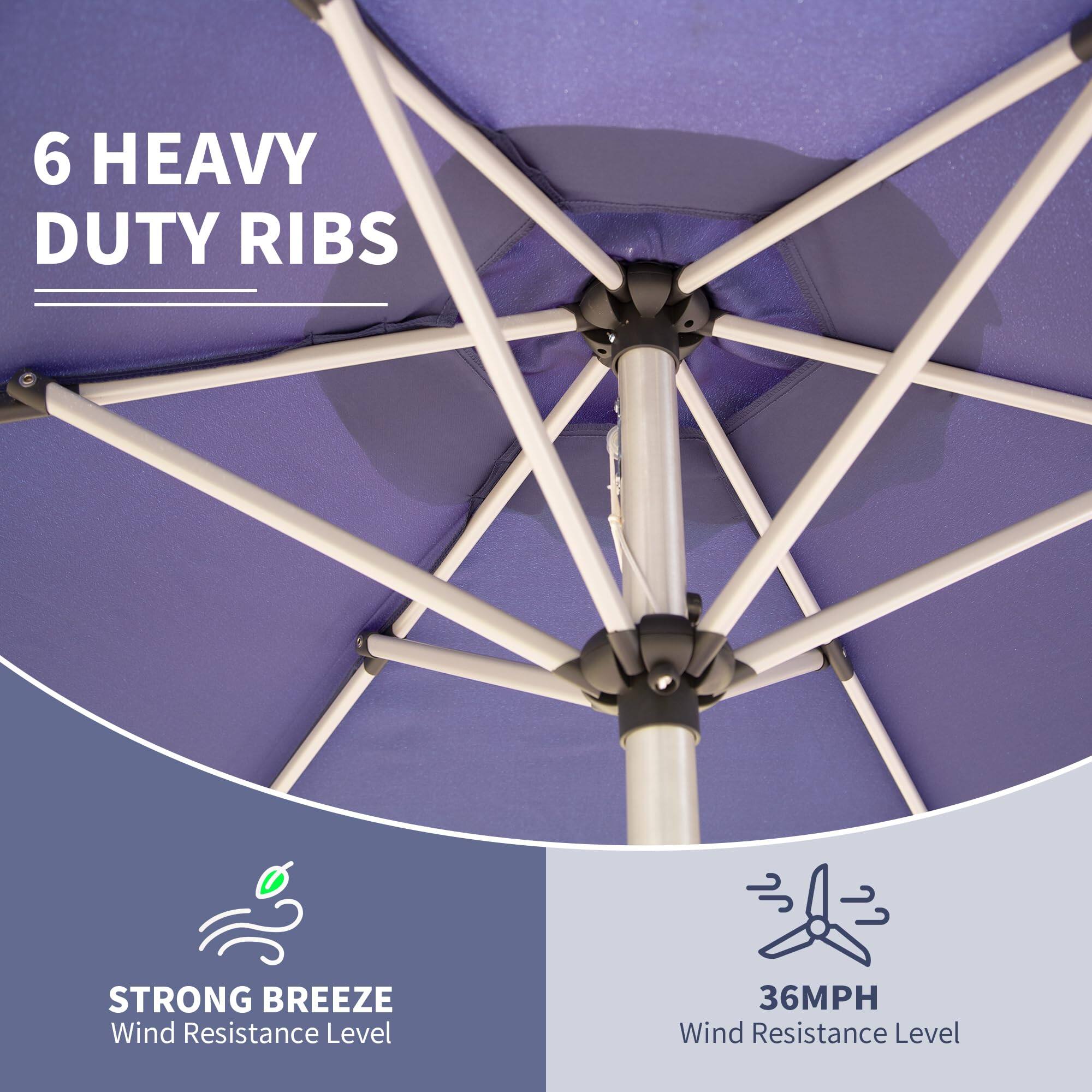 6 HEAVY DUTY RIBS

STRONG BREEZE
Wind Resistance Level

36MPH
Wind Resistance Level