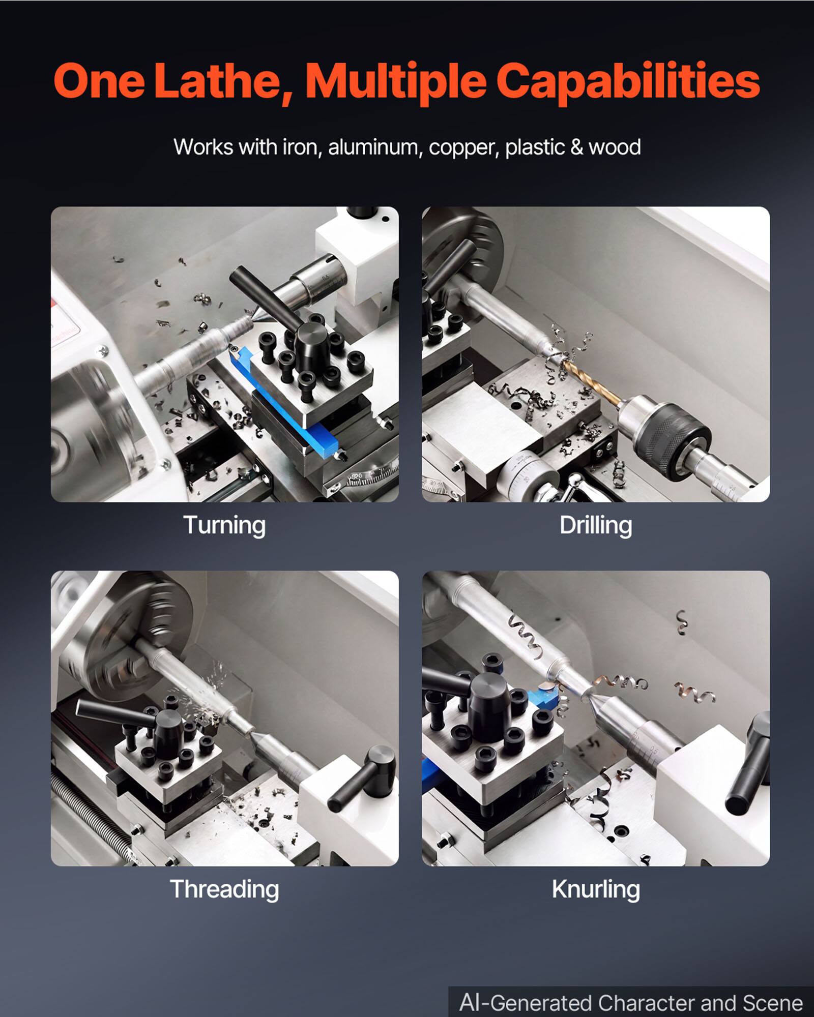 One Lathe, Multiple Capabilities  
Works with iron, aluminum, copper, plastic & wood  

Turning  
Drilling  
Threading  
Knurling  

AI-Generated Character and Scene