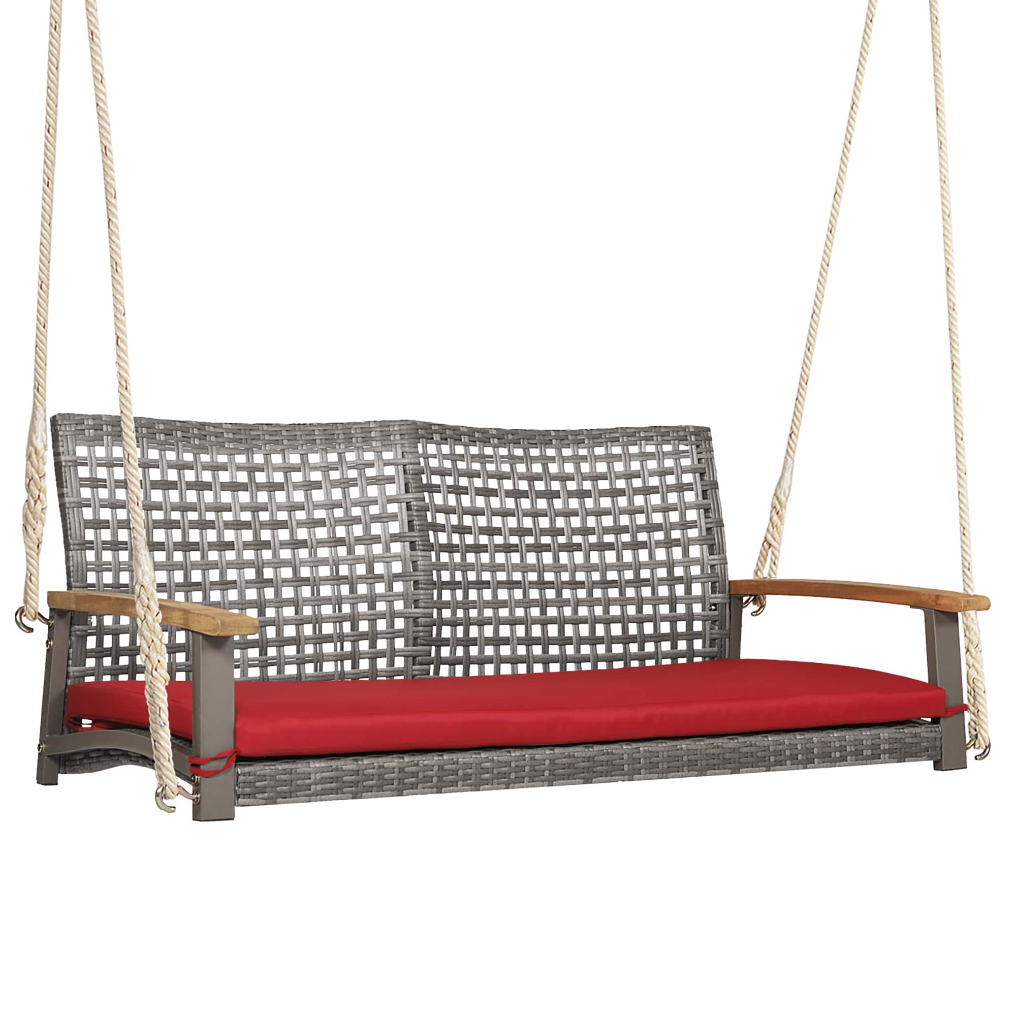 Costway - 2-Person Patio Wicker Hanging Swing Chair Loveseat Cushion Porch - Mix Grey,Red