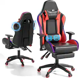 COQOOL - RGB Gaming Chair with Bluetooth Speakers, Ergonomic Gamer Chair with LED Lights, Vibration Lumbar Support - Red