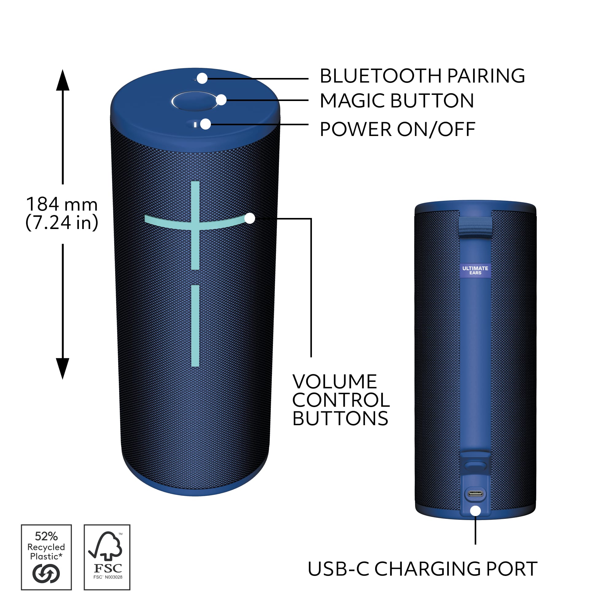 The image features a blue speaker with a cross on it and a blue box next to it. The speaker has a Bluetooth pairing magic button, a power on/off button, and a volume control button. The blue box is labeled with the text "USB-C charging port." The speaker is made of 52% recycled plastic, as indicated by the FSC and NRUS labels.