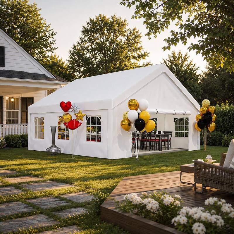 Angle. RYHNUYNE - 20x20 FT Party Tent Removable Sidewalls 2 Bags Waterproof UV Canopy Weddings BBQs - White.
