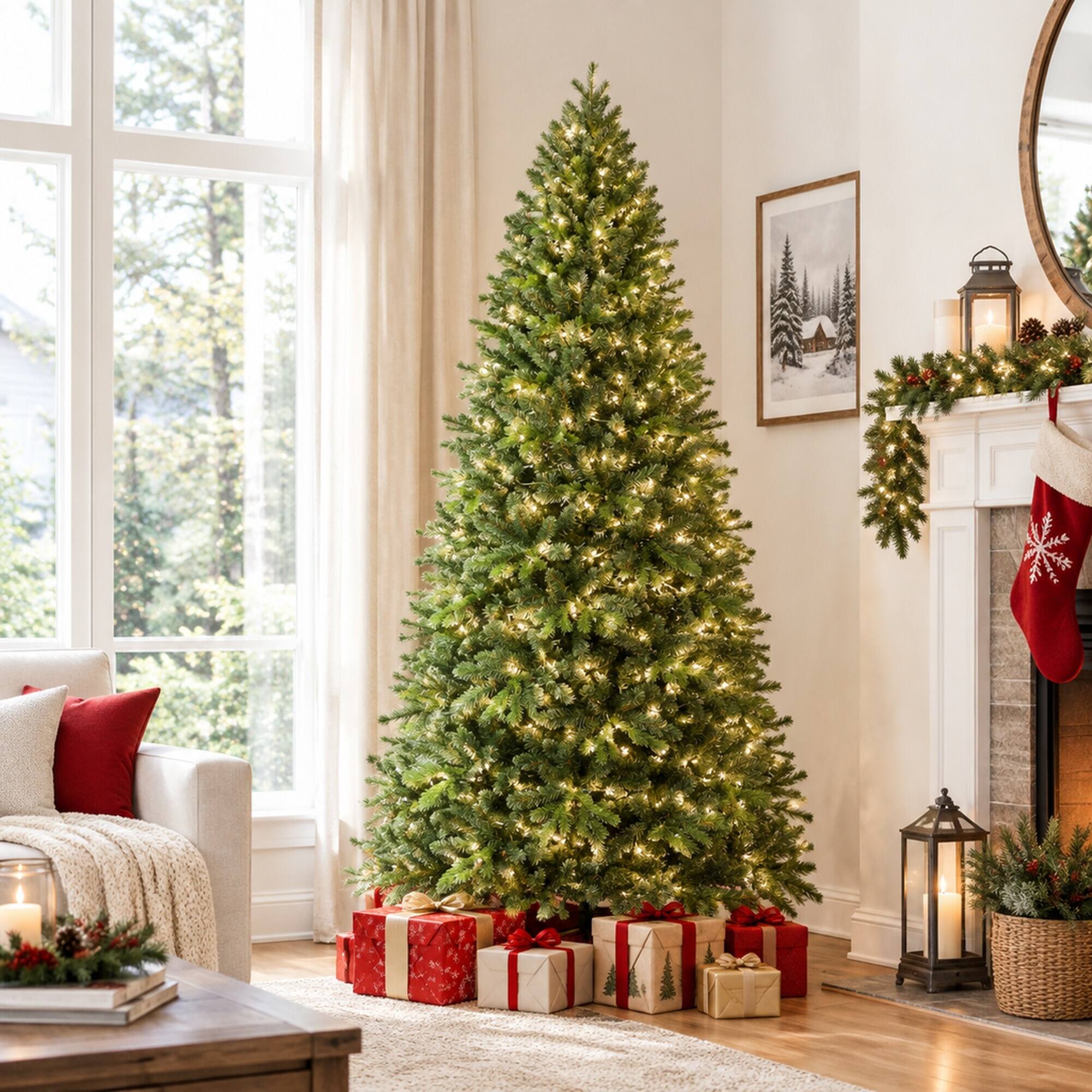Back. RYHNUYNE - 6FT Pre-Lit Artificial Christmas Tree With 300 Warm White LED Lights and 1032 Tips, Hinged Metal Stand - Green.