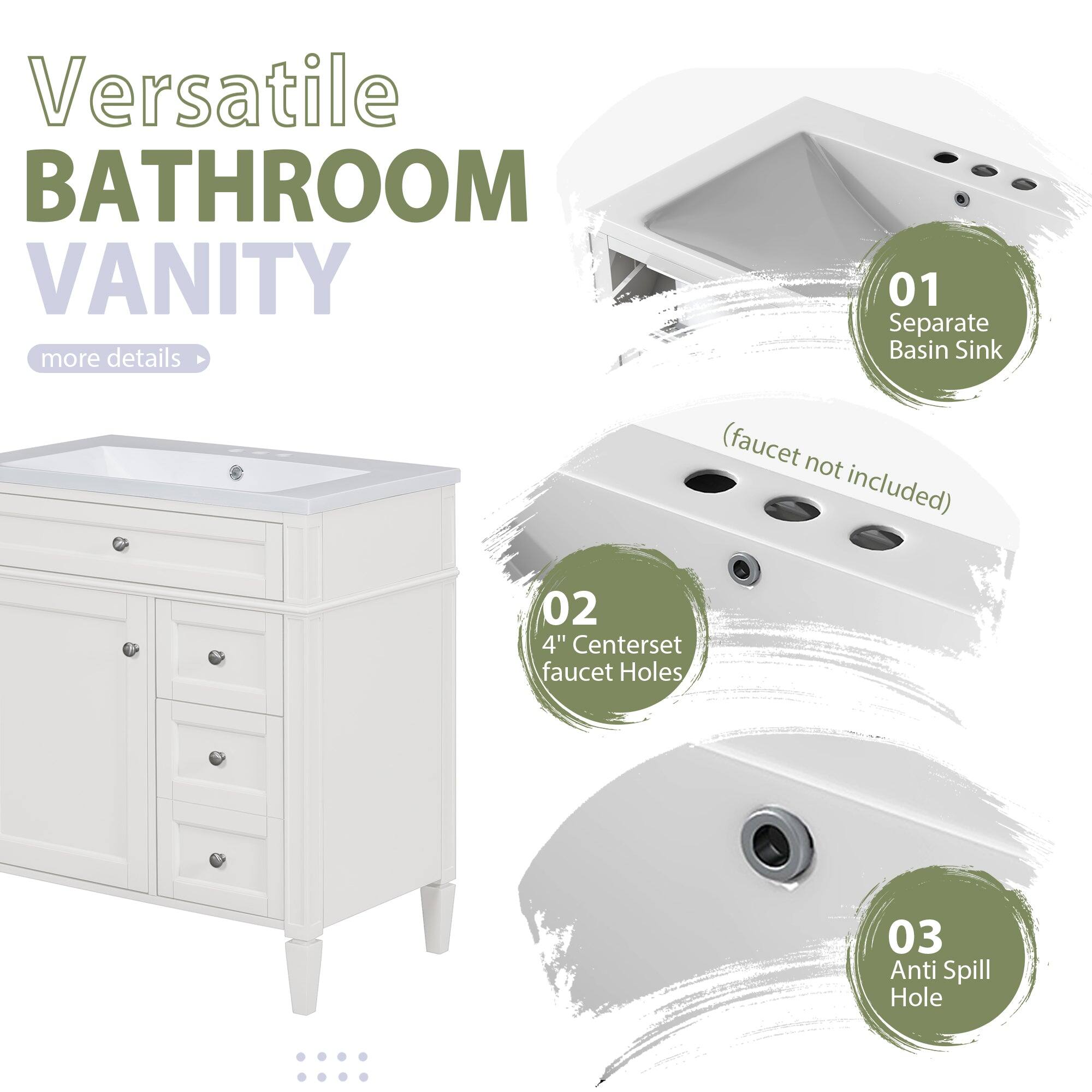 Versatile BATHROOM VANITY  
more details  

01 Separate Basin Sink (faucet not included)  
02 4" Centerset Faucet Holes  
03 Anti Spill Hole