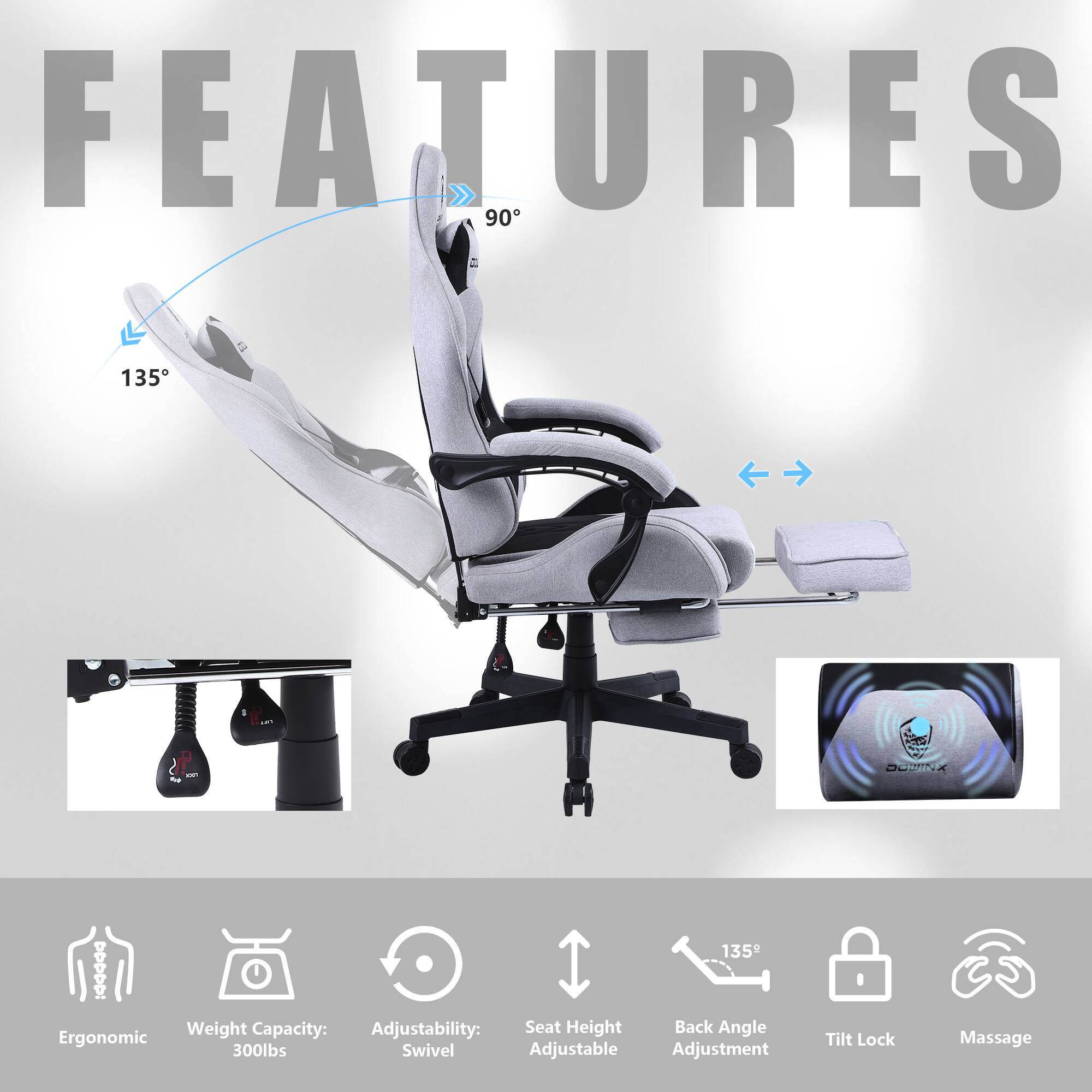 FEATURES

- Weight Capacity: 300lbs
- Adjustability: Swivel
- Seat Height Adjustable
- Back Angle Adjustment: 135°
- Tilt Lock
- Massage
- Ergonomic