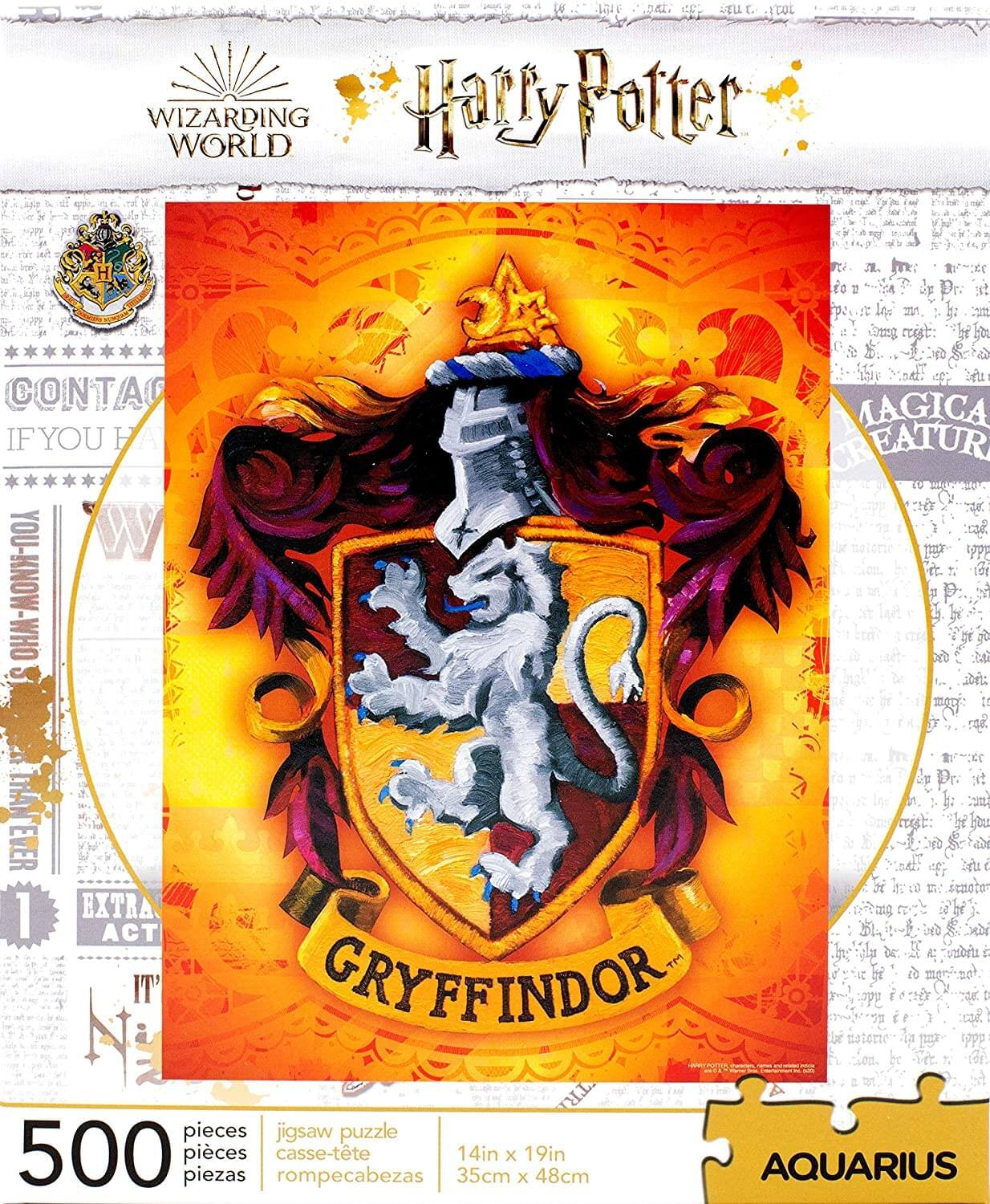 Sure, here is the corrected and grouped text from the image:

---

**Harry Potter**  
**Wizarding World**

**If You Have You-Know-Who**  
**Magical Creatures**  
**Extra Act**

**Gryffindor**

**500 pieces**  
**jigsaw puzzle**  
**casse-tête**  
**rompecabezas**

**14in x 19in**  
**35cm x 48cm**

**Aquarius**

---

This text is organized to reflect the layout and content of the image accurately.