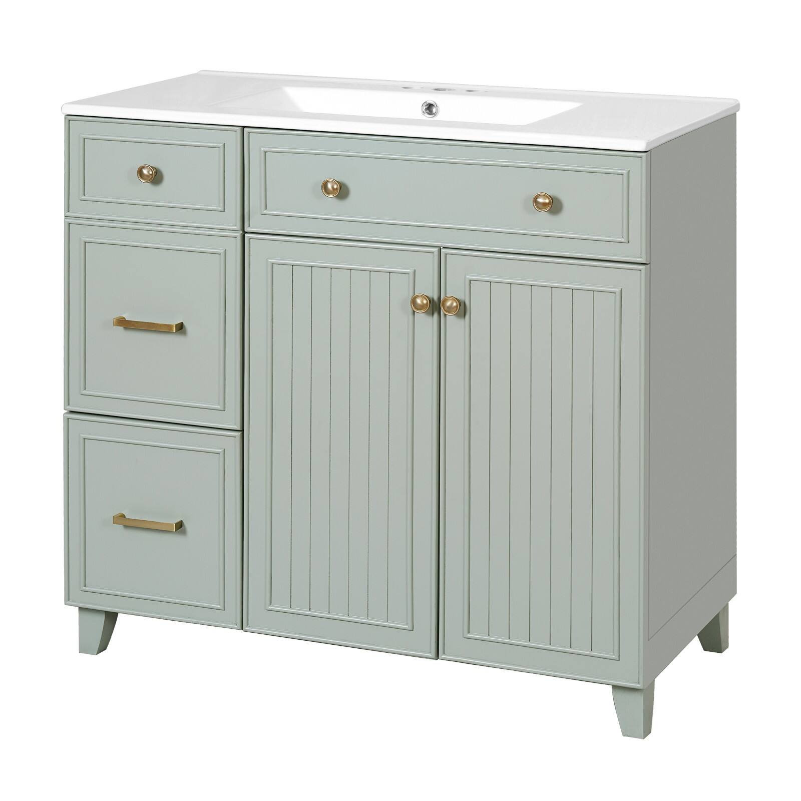 Front. Ecooso - 36" Bathroom Vanity with Ceramic Sink, Adjustable Shelf, Double-Layer Drawer, Soft-Close Doors - Green.