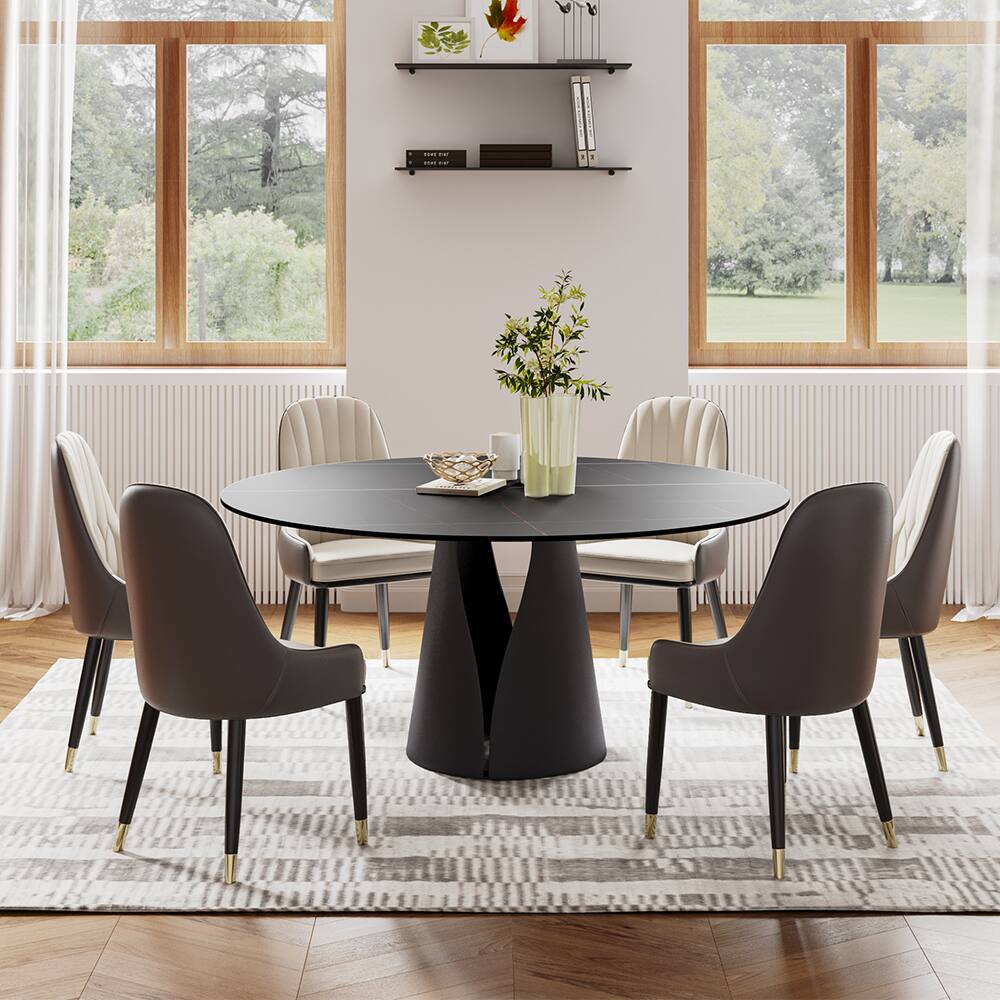 Angle. POVISON - 59" Modern Black Round Dining Table for 6, Matte Sintered Stone Tabletop, Black Carbon Steel Base - Matte Black Sintered Stone & Black Steel Base.