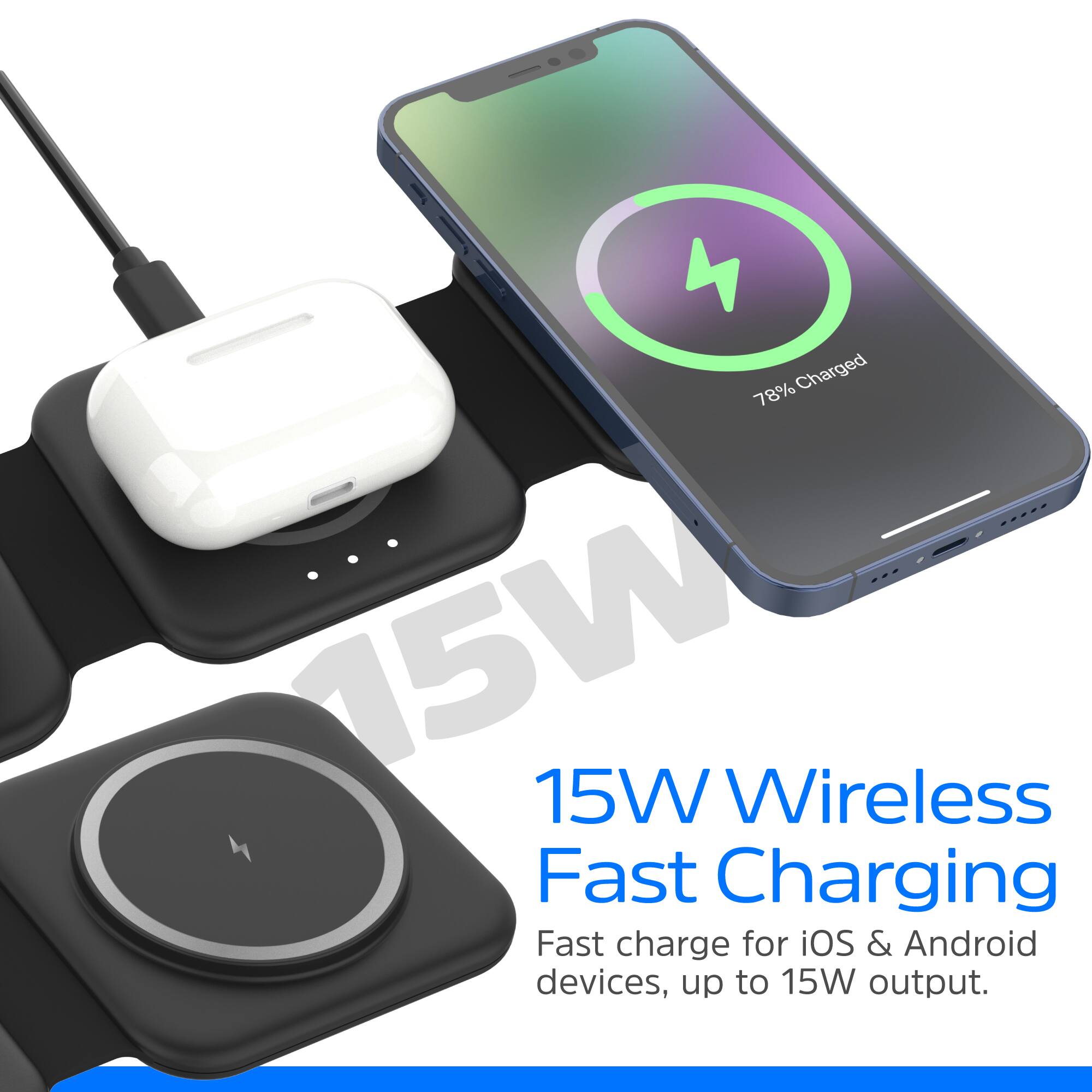 15W Wireless Fast Charging for iOS & Android devices, up to 15W output.