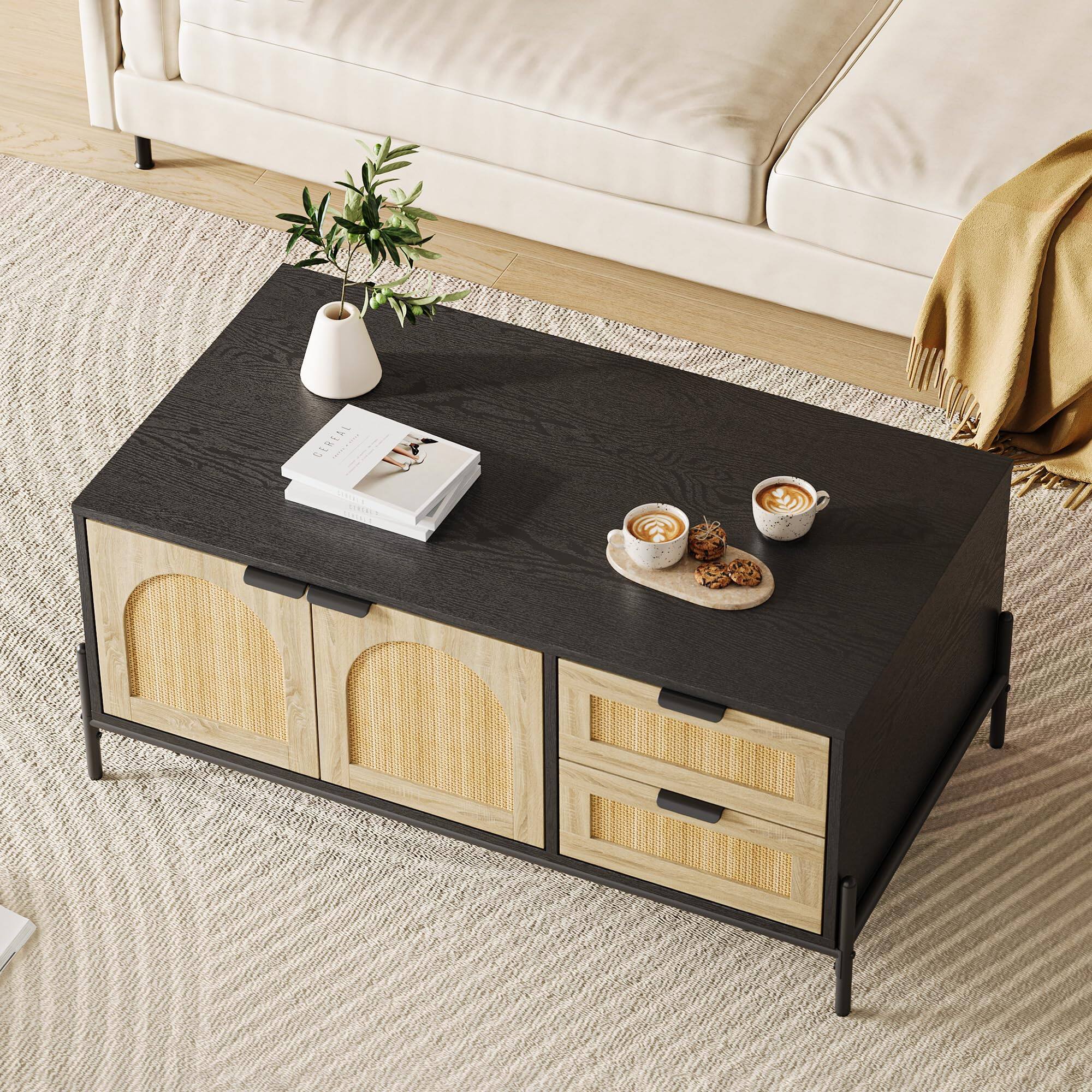 Acekool - 40.9" Modern Coffee Table with Storage - Rattan Accent Living Room Tables with 2 Drawers & 2 Doors - Black