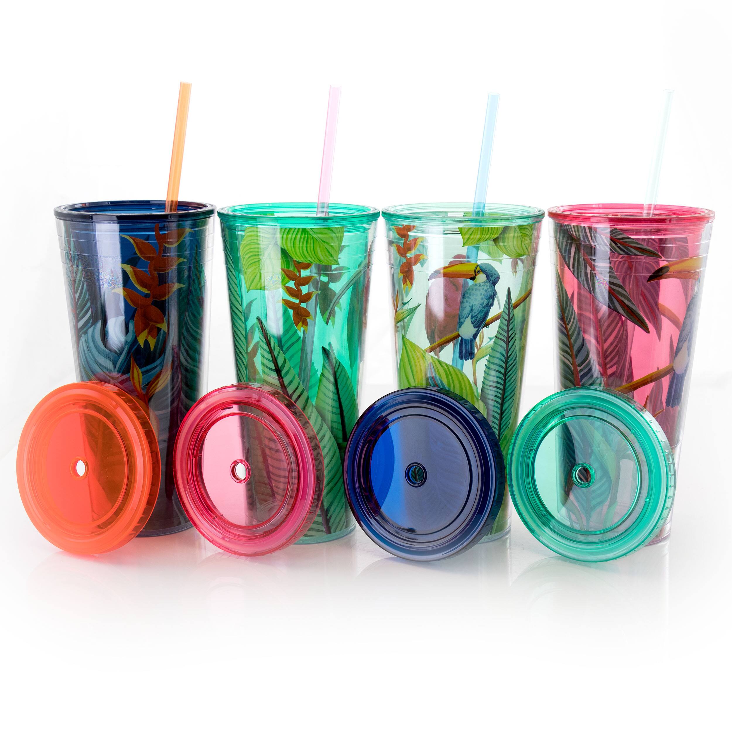 Alt View 1. Gibson - Gibson Home Tropical Bird 4 Piece 23.6 Ounce Double Wall Tumbler Set with Straw in Assorted Designs - Assorted.