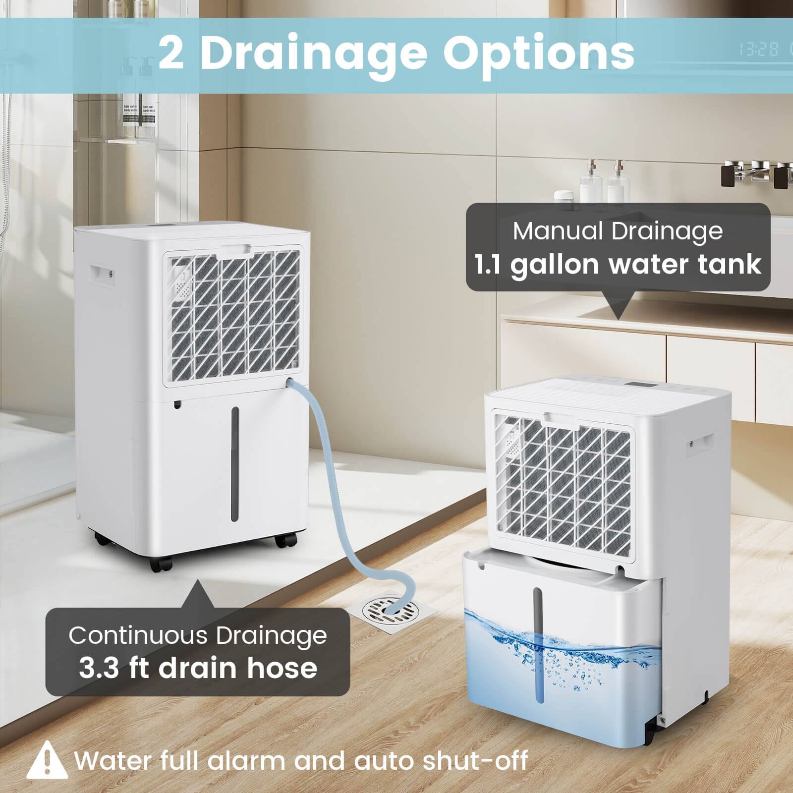 2 Drainage Options

1. Manual Drainage
   - 1.1 gallon water tank

2. Continuous Drainage
   - 3.3 ft drain hose

Water full alarm and auto shut-off