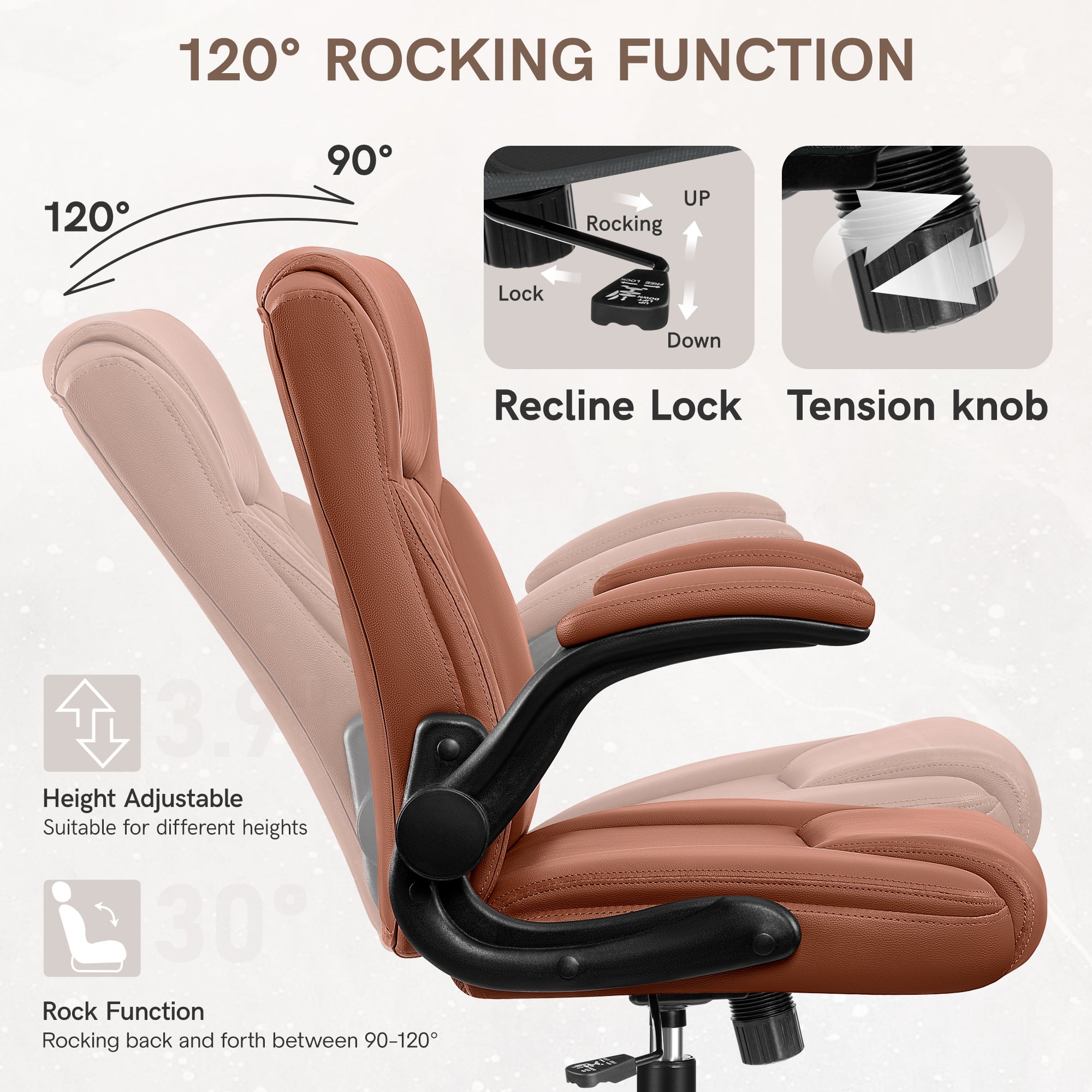 The image shows a brown leather office chair with a 120 Rocking Function. The chair features a rocking lock, down recline lock, and tension knob for added comfort and adjustability. The chair is also height adjustable, making it suitable for different heights. The 3.9 Rock Function allows the chair to rock back and forth between 90-120 degrees.