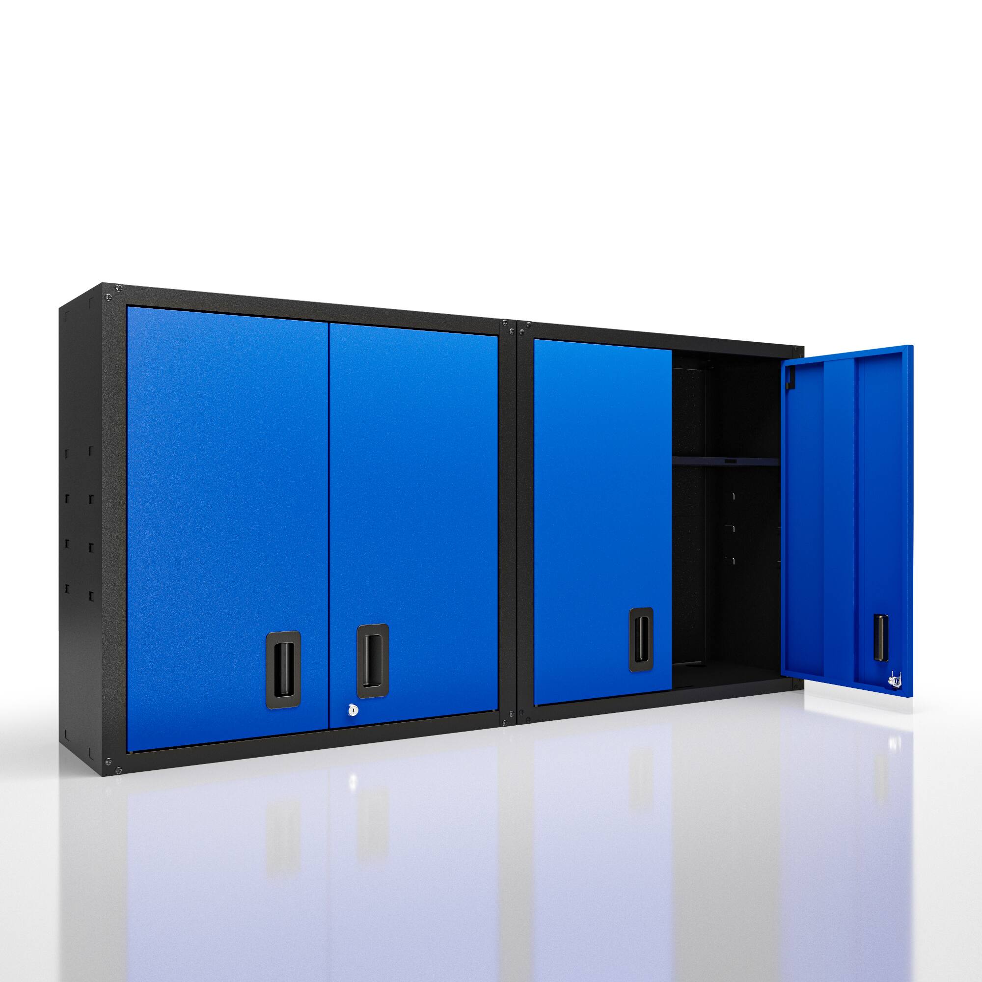 Angle. TinyHomie - Set of 2 Wall Mounted Lockable Metal Storage Cabinet with Two Doors and One Shelf for Garage Utility Room in Blue - Blue+Black.