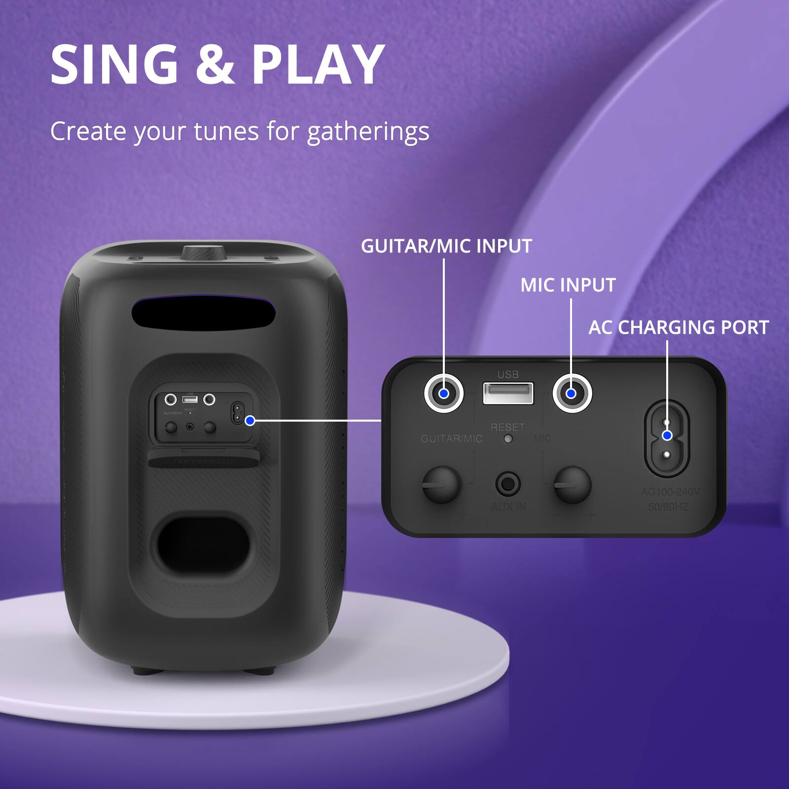 SING & PLAY: Create your tunes for gatherings. Guitar/Mic Input. Mic Input. Aux In. AC Charging Port. USB. Reset.