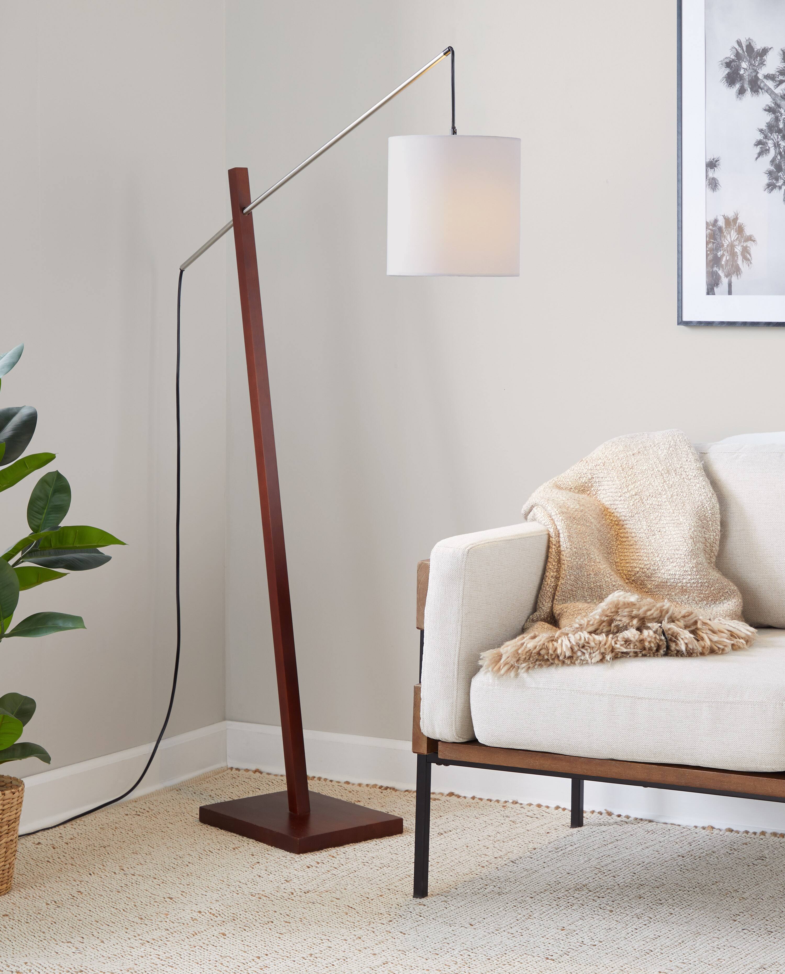Alt View 7. Loheer - Loheer Floor Lamp Walnut Wood and Satin Nickel with Grey Fabric Shade Modern Standing Light for Living Room Bedroom - Acacia Wood.