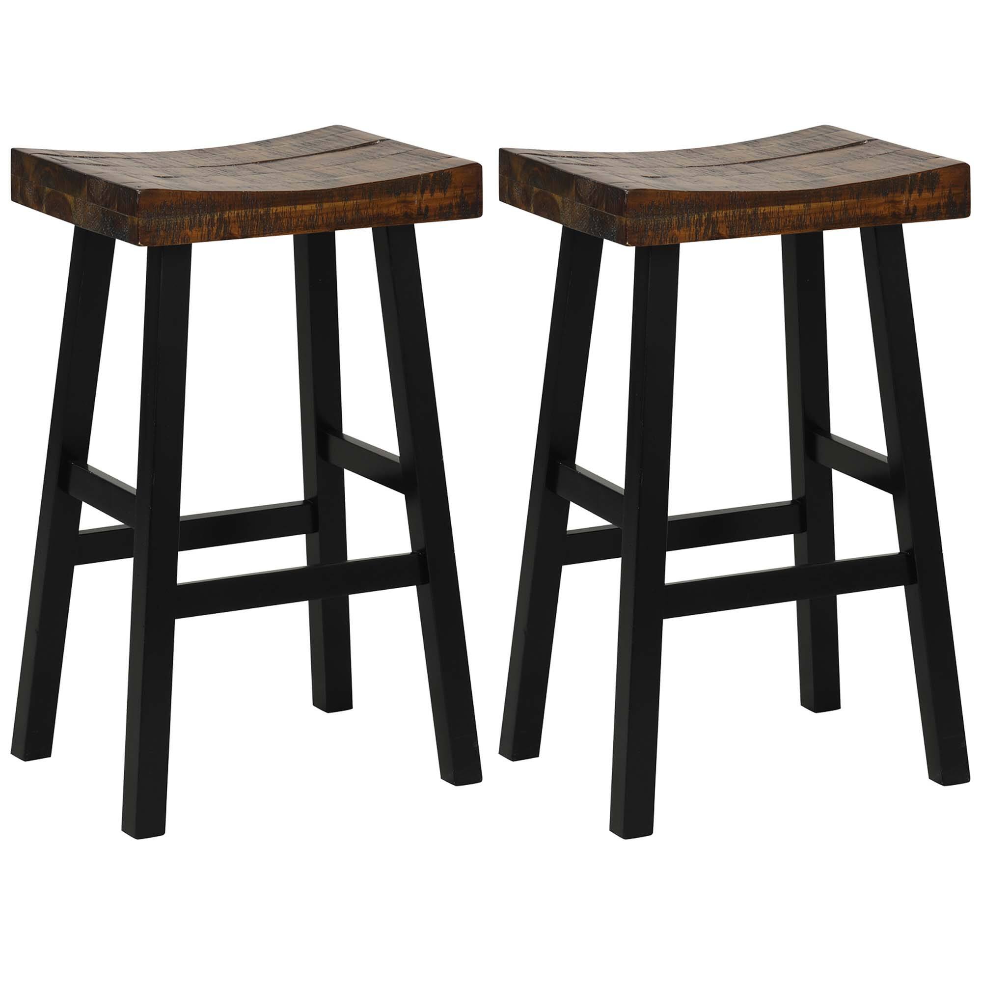 Costway - 29" Bar Stool Set of 2 Bar Height Solid Wood Curved Saddle Seat Footrest - Black/Brown